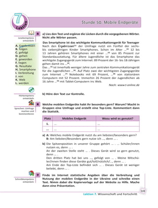 Le kt
ion
77 Stunde 50. Mobile EndgeräteStunde 50. Mobile Endgeräte
Lektion 7. Wissenschaft und Fortschritt
119
5 a) Lies den Text und ergänze die Lücken durch die vorgegebenen Wörter.
Nicht alle Wörter passen.
Das Smartphone ist das wichtigste Kommunikationsgerät für Teenager
Nach den Ergebnissen(1)
der Umfrage nutzt ein Fünftel der sechs-
bis siebenjährigen Kinder Smartphones. Schon im Alter …(2)
12 bis
13 Jahren gehören Smartphones mit einer …(3)
von 85 Prozent zur
Standardausstattung. Für ältere Jugendliche ist das Smartphone das
wichtigste Zugangsgerät zum Internet: 89 Prozent der 16- bis 18-Jährigen
gehen damit ins …(4)
.
Das …(5)
ist innerhalb weniger Jahre zum zentralen Kommunikationsgerät
für die Jugendlichen …(6)
. Auf Platz zwei der wichtigsten Zugangsgeräte
zum Internet …(7)
Notebooks mit 69 Prozent, …(8)
von stationären
Computern mit 52 Prozent. Immerhin 26 Prozent der Jugendlichen ab
16 Jahre …(9)
mit Tablet-Computern ins Web.
Nach: www.t-online.de
b) Höre den Text zur Kontrolle.
6 Welche mobilen Endgeräte habt ihr besonders gern? Warum? Macht in
Gruppen eine Umfrage und erstellt eine Top-Liste. Kommentiert dann
die Statistik.
Platz Mobiles Endgerät Wozu wird es genutzt?
1. ... ...
... ... ...
a) A: Welches mobile Endgerät nutzt du am liebsten/besonders gern?
B: Am liebsten/Besonders gern nutze ich …, denn … .
b) Die Spitzenposition in unserer Gruppe gehört … . … Schüler/innen
nutzen es, denn … .
An der zweiten Stelle steht … . Dieses Gerät wird so gern genutzt,
denn … .
Den dritten Platz hat bei uns …, gefolgt von … . Meine Mitschü-
ler/innen finden diese Geräte gut/toll/nützlich/…, denn … .
Am Ende der Top-Liste befindet sich … . Dieses Gerät ist weniger
beliebt, denn … .
7 Finde im Internet statistische Angaben über die Verbreitung und
Nutzung der mobilen Endgeräte in der Ukraine und schreibe einen
Text. Nimm dabei die Kopiervorlage auf der Website zu Hilfe. Mache
dann eine Präsentation.
5
Lesekompetenz
entwickeln
A. Ergebnissen
B. folgen
C. gefolgt
D. gehen
E. geworden
F. liegen
G. Resultate
H. Smartphone
I. Verbreitung
J. von
K. Web
L. werden
Hörkompetenz
entwickeln
6
Sprechen: Umfrage
machen und
kommen eren
7
Schreibkompetenz
entwickeln
 