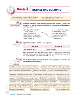 Le ktion
11
Lektion 1. Familie und Freunde
12
FREUNDE UND BEKANNTEStunde 3
1 Verbinde richtig die Teile der Sprichwörter und höre die Lösung. Wie
verstehst du die Sprichwörter? Kennst du entsprechende Äquivalente
auf Ukrainisch?
1) Auf gute Freunde kann
man bauen
2) Ein alter Freund
3) Geflickte Freundschaft
4) Freunde in der Not gehen
5) Ein Freund ist
A) wird selten wieder ganz.
B) tausend auf ein Lot.
C) ist zwei neue wert.
D) des anderen Spiegel.
E) und ihnen alles
anvertrauen.
2 Ergänzt zu zweit die Tabelle und vergleicht.
FREUNDE BEKANNTE
sehr wichtig sein, … nicht so nah, …
Wenn ein Mensch mir sehr wichtig ist, kann ich ihn meinen Freund oder
meine Freundin nennen. Wenn ein Mensch mir nicht so nah ist, ist er
nur ein Bekannter oder eine Bekannte von mir.
3 Wie ist deiner Meinung nach ein guter Freund/eine gute Freundin? Lies
und wähle passende Sätze.
Wir können vieles zusammen unternehmen.
Er/Sie macht mir gute Geschenke. Er/Sie lügt mir nie.
Er/Sie hilft mir immer.
Ich kann mit ihm/ihr über alles sprechen.
Wir haben gemeinsame Interessen.
Er/Sie hat viel Geld.
Er/Sie hat einen guten Charakter.
Er/Sie ist immer hilfsbereit.
Er/Sie ist freundlich.
Ich kann ihm/ihr Geheimnisse anvertrauen.
Er/Sie ist zuverlässig.
Er/Sie ist ehrlich.
Er/Sie trägt modische Klamotten. Er/Sie ist treu.
Wir gehören einer Clique an.Wir tragen die gleiche Kleidung.
Er/Sie sieht immer super aus.
Alle wollen ihn zum Freund/sie zur Freundin haben.
1
Wortschatz und
Aussprache üben
2
Wortschatz
üben
3
Lese- und
Sprechkompetenz
entwickeln
die Clique [ˈklɪkə] -n, lügen (log, hat gelogen),
sich sehnen (sehnte sich, hat sich gesehnt)
nach (Dat.), verkehren (verkehrte, hat
verkehrt), Blicke auf sich ziehen
 
