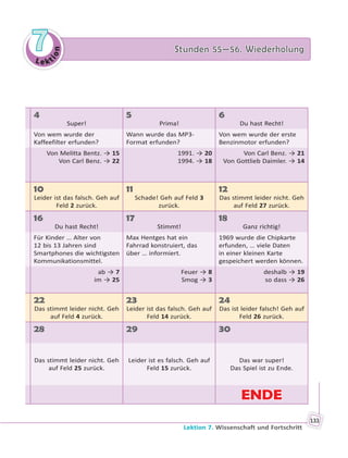 Le kt
ion
77 Stunden 55—56. WiederholungStunden 55—56. Wiederholung
Lektion 7. Wissenschaft und Fortschritt
133
4
Super!
5
Prima!
6
Du hast Recht!
Von wem wurde der
Kaffeefilter erfunden?
Wann wurde das MP3-
Format erfunden?
Von wem wurde der erste
Benzinmotor erfunden?
Von Melitta Bentz. → 15
Von Carl Benz. → 22
1991. → 20
1994. → 18
Von Carl Benz. → 21
Von Gottlieb Daimler. → 14
10
Leider ist das falsch. Geh auf
Feld 2 zurück.
11
Schade! Geh auf Feld 3
zurück.
12
Das stimmt leider nicht. Geh
auf Feld 27 zurück.
16
Du hast Recht!
17
Stimmt!
18
Ganz richtig!
Für Kinder … Alter von
12 bis 13 Jahren sind
Smartphones die wichtigsten
Kommunikationsmittel.
Max Hentges hat ein
Fahrrad konstruiert, das
über … informiert.
1969 wurde die Chipkarte
erfunden, … viele Daten
in einer kleinen Karte
gespeichert werden können.
ab → 7
im → 25
Feuer → 8
Smog → 3
deshalb → 19
so dass → 26
22
Das stimmt leider nicht. Geh
auf Feld 4 zurück.
23
Leider ist das falsch. Geh auf
Feld 14 zurück.
24
Das ist leider falsch! Geh auf
Feld 26 zurück.
28 29 30
Das stimmt leider nicht. Geh
auf Feld 25 zurück.
Leider ist es falsch. Geh auf
Feld 15 zurück.
Das war super!
Das Spiel ist zu Ende.
ENDEENDE
 