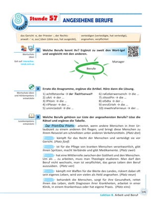 Le kt
ion
88
Lektion 8. Arbeit und Beruf
135
ANGESEHENE BERUFEStunde 57
1 Welche Berufe kennt ihr? Ergänzt zu zweit den Wort-Igel
und vergleicht mit den anderen.
Berufe
Manager
2 Errate die Anagramme, ergänze die Artikel. Höre dann die Lösung.
1) achtRetasnlw → der Rechtsanwalt 6) raKstkerwensench → die …
2) zArt → der … 7) ziliostPin → die …
3) lPitoin → die … 8) olSdta → der …
4) riPteser → der … 9) enrzEirieh → die …
5) uninrJastoli → die … 10) mwehraFerneun → der …
3 Welche Berufe gehören zur Liste der angesehensten Berufe? Löse die
Rätsel und ergänze die Tabelle.
Der Pilot/Die Pilotin arbeitet, wenn andere Menschen in ihrer Ur-
laubszeit zu einem anderen Ort fliegen, und bringt diese Menschen zu
ihrem Reiseziel am schnellsten unter anderen Verkehrsmitteln. (Platz drei)
kämpft für das Recht der Menschen und verteidigt sie vor
Gericht. (Platz fünf)
ist für die Pflege von kranken Menschen verantwortlich, gibt
ihnen Spritzen, macht Verbände und gibt Medikamente. (Platz zwei)
hat eine Mittlerrolle zwischen der Gottheit und den Menschen.
Um als … zu arbeiten, muss man Theologie studieren. Man darf den
Beruf nicht wechseln, man ist verpflichtet, das ganze Leben den Beruf
auszuüben. (Platz vier)
kämpft mit Waffen für die Werte des Landes, riskiert dabei oft
sein eigenes Leben, wird von vielen als Held angesehen. (Platz neun)
behandelt die Menschen, sorgt für ihre Gesundheit, rettet
ihnen das Leben, stellt Diagnosen ihrer Krankheiten, arbeitet in einer
Klinik, in einem Krankenhaus oder hat eigene Praxis. (Platz eins)
1
Wortschatz
üben
Geh auf: interac ve.
ranok.com.ua
eit ddenn WWorrt-Iggel
2
Wortschatz üben
und Hörkompetenz
entwickeln
3
Lesekompetenz
entwickeln
das Gericht -e, der Priester -, der Rechts-
anwalt -¨-e, aus¦üben (übte aus, hat ausgeübt),
verteidigen (verteidigte, hat verteidigt),
angesehen, verpflichtet
 