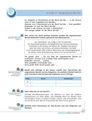 Le kt
ion
88 Stunde 57. Angesehene BerufeStunde 57. Angesehene Berufe
Lektion 8. Arbeit und Beruf
137
Im Vergleich zu Deutschland ist der Beruf der/des … in der Ukraine
nicht so hoch angesehen/viel beliebter.
Genauso wie in Deutschland wird der Beruf der/des … hoch geschätzt.
Angesehen ist auch der Beruf der/des … .
Sowohl in der Ukraine als auch in Deutschland … .
Viel weniger beliebt ist der Beruf der/des … .
5 Was meinst du: Nach welchen Kriterien werden die angesehensten
Berufe bestimmt? Erzähle, gebrauche das Wortmaterial.
der Arbeitsplatz, das Image in der Gesellschaft,
die Zukunftsperspektive, die Möglichkeit der Selbstentwicklung,
Kreativität in der Arbeit, die Sphäre der Tätigkeit, das Gehalt
oder der Lohn, der Einfluss auf andere Menschen, die Rolle
in der Gesellschaft, Hilfe anderen Menschen, der Schwierigkeitsgrad
der Arbeit, hohe Verantwortung, Nutzen für die Gesellschaft, …
Ich glaube, dass … für die Wahl der angesehensten Berufe am
wichtigsten ist/sind. Eine wichtige Rolle spielt/spielen auch … .
Außerdem ist/sind … wichtig.
Hoch geschätzt wird/werden auch … .
Keine große Rolle spielt/spielen aber … .
6 Macht eine Umfrage in der Klasse, erstellt eure Top-10-Liste der
angesehenen Berufe und ein Diagramm. An welchen Kriterien habt ihr
euch orientiert? Kommentiert die Ergebnisse eurer Umfrage.
Platz Beruf Schülerzahl
1. …
… …
7 Spiel «Was bin ich von Beruf?».
Schreibt Berufsbezeichnungen auf Kärtchen so, dass die anderen
Schüler/innen sie nicht sehen, und befestigt diese am Rücken ihrer
Sitznachbarn. Durch «Ja-/Nein»-Fragen müssen alle herausfinden, was
sie von Beruf sind. Wer als Erster/Erste den Beruf errät, gewinnt.
8 Schreibt einen Kommentar zur Top-10-Liste und zum Diagramm aus
Übung 6.
5
Sprechen: Meinung
äußern
6
Sprechen: Umfrage
machen und
kommen eren
7
Gruppenspiel zum
Thema
8
Schreibkompetenz
entwickeln
 