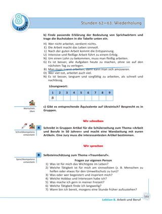 Le kt
ion
88 Stunden 62—63. WiederholungStunden 62—63. Wiederholung
Lektion 8. Arbeit und Beruf
153
b) Finde passende Erklärung der Bedeutung von Sprichwörtern und
trage die Buchstaben in die Tabelle unten ein.
H) Wer nicht arbeitet, verdient nichts.
E) Die Arbeit macht das Leben sinnvoll.
L) Nach der guten Arbeit kommt die Entspannung.
U) Intensive und fleißige Arbeit führt zu einem Erfolg.
N) Um einen Lohn zu bekommen, muss man fleißig arbeiten.
G) Es ist besser, alle Aufgaben heute zu machen, ohne sie auf den
nächsten Tag zu verlegen.
B) Man muss zuerst arbeiten, dann kann man sich amüsieren.
O) Wer viel isst, arbeitet auch viel.
N) Es ist besser, langsam und sorgfältig zu arbeiten, als schnell und
nachlässig.
Lösungswort:
1 2 3 4 5 6 7 8 9
B
c) Gibt es entsprechende Äquivalente auf Ukrainisch? Besprecht es in
Gruppen.
Wir schreiben
4 Schreibt in Gruppen Artikel für die Schülerzeitung zum Thema «Arbeit
und Berufe in 50 Jahren» und macht eine Wandzeitung mit euren
Artikeln. Eine Jury muss die interessantesten Artikel bestimmen.
Wir sprechen
5 Selbsteinschätzung zum Thema «Traumberuf».
Fragen zur eigenen Person
1) Was ist für mich das Wichtigste im Leben?
2) Welche Tätigkeit ist für mich am sinnvollsten (z. B. Menschen zu
helfen oder etwas für den Umweltschutz zu tun)?
3) Was oder wer begeistert und inspiriert mich?
4) Welche Hobbys und Interessen habe ich?
5) Was mache ich gern in meiner Freizeit?
6) Welche Tätigkeit finde ich langweilig?
7) Wann bin ich bereit, morgens eine Stunde früher aufzustehen?
Wortschatz
üben
4
Schreibkompetenz
entwickeln
5
Sprechkompetenz
entwickeln
 