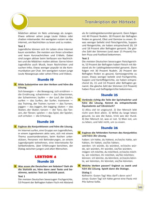 Transkription der HörtexteTranskription der Hörtexte
183
Mädchen aktiver im Netz unterwegs als Jungen.
Etwas seltener sehen junge Leute Videos oder
chatten miteinander. Am wenigsten nutzen sie das
Internet, um Nachrichten zu lesen und zu mailen.
Text 2
Jugendliche können sich ihr Leben ohne Internet
kaum vorstellen. Die meisten von ihnen schreiben
und lesen Kurznachrichten und E-Mails. Dabei
sind Jungen aktiver beim Verfassen von Nachrich-
ten und die Mädchen mailen aktiver. Gerne hören
Jugendliche auch Musik, lesen Nachrichten und
suchen Infos. Etwas weniger populär ist die Kom-
munikation per Chat. Am wenigsten nutzen junge
Leute Newsgroups oder sehen Filme und Videos.
Stunde 19
1 Bilde Substantive von den Verben und höre die
Lösung.
Sich bewegen — die Bewegung; sich ernähren —
die Ernährung; schwimmen — das Schwimmen,
der Schwimmer; laufen — der Lauf, der Läufer;
surfen — das Surfen, der Surfer; trainieren —
das Training, der Trainer; turnen — das Turnen;
joggen — das Joggen, der Jogging; skaten — das
Skaten, der Skater; tanzen — der Tanz, das Tan-
zen, der Tänzer; spielen — das Spiel, der Spieler;
sich erholen — die Erholung.
Stunde 20
1 Ergänze die Konjunktionen und höre die Lösung.
Im Internet surfen, eine Gruppe von Jugendlichen,
in einem Jugendverein aktiv sein, sich mit einem
Thema auseinandersetzen, beim Kochen unter-
stützen, Personen mit Behinderungen, an einem
Jugendprojekt teilnehmen, eine Internetseite für
Sehbehinderte, über Erfahrungen berichten, der
Dialog zwischen jungen und alten Menschen.
LEKTION 4
Stunde 23
5 Was essen die Deutschen am liebsten? Sieh dir
die Statistik an, höre dann zwei Texte und be-
stimme, welcher Text zur Statistik passt.
Text 1
Die meisten Deutschen bevorzugen Fischgerichte,
53 Prozent der Befragten haben Fisch mit Abstand
als ihr Lieblingslebensmittel genannt. Dann folgen
mit 40 Prozent Nudeln. 30 Prozent der Befragten
finden es gesund, Obst und Gemüse zu essen. Et-
was weniger beliebt sind Fleischgerichte, Suppen
und Reisgerichte, sie haben entsprechend 20, 19
und 18 Prozent aller Befragten genannt. Die glei-
che Zahl der Stimmen (und zwar 15 Prozent) ha-
ben Pizza und Fastfood bekommen.
Text 2
Die meisten Deutschen bevorzugen Fleischgerich-
te, 53 Prozent der Befragten haben Fleisch mit Ab-
stand als ihr Lieblingslebensmittel genannt. Dann
folgen mit 30 Prozent Nudeln. 20 Prozent der
Befragten finden es gesund, Gemüsegerichte zu
essen. Etwas weniger beliebt sind Fischgerichte,
Suppen und Kartoffelgerichte, sie haben entspre-
chend 16, 15 und 14 Prozent aller Befragten ge-
nannt. Die gleiche Zahl der Stimmen (13 Prozent)
haben Pizza und Geflügelgerichte bekommen.
Stunde 25
1 Verbinde richtig die Teile der Sprichwörter und
höre die Lösung. Kennst du entsprechende
Äquivalente auf Ukrainisch?
1) Allzu viel ist ungesund. 2) Der Mensch lebt
nicht vom Brot allein. 3) Willst du lange leben
gesund, iss wie die Katze, trink wie der Hund.
4) Der Mensch ist, was er isst. 5) Man isst, um
zu leben, und lebt nicht, um zu essen.
Stunde 26
1 Ergänze die fehlenden Formen des Konjunktivs
und höre die Lösung.
haben: ich hätte, du hättest, er/sie/es hätte, wir
hätten, ihr hättet, sie/Sie hätten;
werden: ich würde, du würdest, er/sie/es wür-
de, wir würden, ihr würdet, sie/Sie würden;
mögen: ich möchte, du möchtest, er/sie/es möch-
te, wir möchten, ihr möchtet, sie/Sie möchten;
können: ich könnte, du könntest, er/sie/es könn-
te, wir könnten, ihr könntet, sie/Sie könnten.
4 Welche Verben passen? Ergänzt zu zweit und
hört die Lösung. Spielt dann die Dialoge.
Dialog 1
Kellnerin: Guten Tag! Was darf’s denn sein?
Jonas: Guten Tag! Ich hätte gerne eine Pasta mit
Pilz-Sahne-Soße.
1
1
5
1
1
4
 