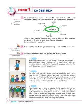 Le ktion
11
Lektion 1. Familie und Freunde
6
1 Über Menschen kann man von verschiedenen Gesichtspunkten aus
sprechen. Sieh dir das Assoziogramm an und kommentiere die Infos.
MENSCH
Karriere
Familie
Charakter
Hobbys
Freunde
Aussehen
Wenn sich ein Mensch vorstellen will, kann er über sich Verschiedenes
mitteilen, z. B. kann er über seine Familie sprechen.
Er kann auch … beschreiben.
2 Was könnt ihr zum Assoziogramm hinzufügen? Sammelt Ideen zu zweit.
3 Patrizia stellt sich vor. Lies und betitele die Textabschnitte.
1.
Hallo, mein Name ist Patrizia. Ich bin 18. Ich komme aus Österreich.
Mein Heimatort heißt Feldbach. Das ist eine kleine Stadt im
Bundesland Steiermark. Als ich 4 Jahre alt war, zog meine Familie
nach Graz um, wo ich bis jetzt wohne.
2.
Ich habe viele Freunde. Meine besten Freundinnen Bianca und
Lucia lernen in meiner Klasse. Wir sehen uns in der Schule,
aber auch am Wochenende, wenn wir keinen Unterricht haben,
unternehmen wir vieles zusammen. Wenn ich freie Zeit habe,
verbringe ich sie am liebsten mit meinen Freundinnen.
3.
Was machen wir in unserer Freizeit? Wenn das Wetter gut ist,
gehen wir gern in den Park, der nicht weit von unserer Schule
liegt. Da skaten wir. Inlineskaten ist unser gemeinsames Hobby.
Bianca kann es am besten. Ich glaube, dass ich auch so gut skaten
könnte, wenn ich so viel trainieren würde. Ich habe aber auch
andere Interessen. Ich male und fotografiere gern.
1
Wortschatz
üben und
Sprechkompetenz
entwickeln
2
Sprechen: Informa-
onen mi eilen
3
Lesekompetenz
entwickeln
ICH ÜBER MICHStunde 1
 