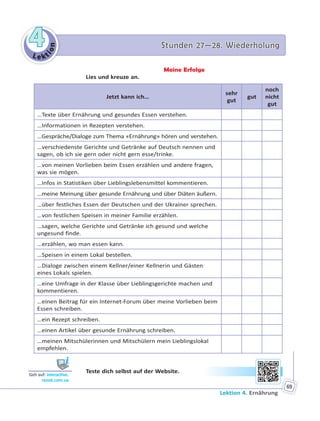 Le kt
ion
44 Stunden 27—28. WiederholungStunden 27—28. Wiederholung
Lektion 4. Ernährung
69
Meine Erfolge
Lies und kreuze an.
Jetzt kann ich…
sehr
gut
gut
noch
nicht
gut
…Texte über Ernährung und gesundes Essen verstehen.
…Informationen in Rezepten verstehen.
…Gespräche/Dialoge zum Thema «Ernährung» hören und verstehen.
…verschiedenste Gerichte und Getränke auf Deutsch nennen und
sagen, ob ich sie gern oder nicht gern esse/trinke.
…von meinen Vorlieben beim Essen erzählen und andere fragen,
was sie mögen.
…Infos in Statistiken über Lieblingslebensmittel kommentieren.
…meine Meinung über gesunde Ernährung und über Diäten äußern.
…über festliches Essen der Deutschen und der Ukrainer sprechen.
…von festlichen Speisen in meiner Familie erzählen.
…sagen, welche Gerichte und Getränke ich gesund und welche
ungesund finde.
…erzählen, wo man essen kann.
…Speisen in einem Lokal bestellen.
…Dialoge zwischen einem Kellner/einer Kellnerin und Gästen
eines Lokals spielen.
…eine Umfrage in der Klasse über Lieblingsgerichte machen und
kommentieren.
…einen Beitrag für ein Internet-Forum über meine Vorlieben beim
Essen schreiben.
…ein Rezept schreiben.
…einen Artikel über gesunde Ernährung schreiben.
…meinen Mitschülerinnen und Mitschülern mein Lieblingslokal
empfehlen.
Teste dich selbst auf der Website.
Geh auf: interac ve.
ranok.com.ua
 