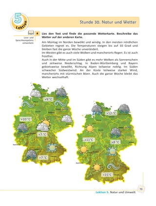 Le kt
ion
55 Stunde 30. Natur und WetterStunde 30. Natur und Wetter
Lektion 5. Natur und Umwelt
73
4 Lies den Text und finde die passende Wetterkarte. Beschreibe das
Wetter auf der anderen Karte.
Am Montag im Norden bewölkt und windig. In den meisten nördlichen
Gebieten regnet es. Die Temperaturen steigen bis auf 10 Grad und
bleiben fast die ganze Woche unverändert.
Im Westen gibt es auch viele Wolken und mancherorts Regen. Es ist auch
frostfrei.
Auch in der Mitte und im Süden gibt es mehr Wolken als Sonnenschein
und zeitweise Niederschlag. In Baden-Württemberg und Bayern
gebietsweise bewölkt, Richtung Alpen teilweise neblig. Im Süden
schwacher Südwestwind. An der Küste teilweise starker Wind,
mancherorts mit stürmischen Böen. Auch die ganze Woche bleibt das
Wetter wechselhaft.
+9 °C
+7 °C+7 °C
+7 °C+7 °C
+10 °C+10 °C
+12 °C+12 °C
+11°C+11°C
+15°C+15°C
+8 °C+8 °C
4
Lese- und
Sprechkompetenz
entwickeln
 