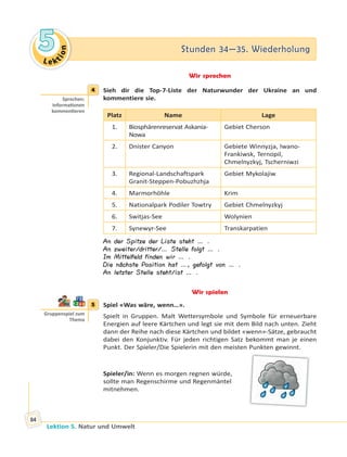 Le ktion
55 Stunden 34—35. WiederholungStunden 34—35. Wiederholung
Lektion 5. Natur und Umwelt
84
Wir sprechen
4 Sieh dir die Top-7-Liste der Naturwunder der Ukraine an und
kommentiere sie.
Platz Name Lage
1. Biosphärenreservat Askania-
Nowa
Gebiet Cherson
2. Dnister Canyon Gebiete Winnyzja, Iwano-
Frankiwsk, Ternopil,
Chmelnyzkyj, Tscherniwzi
3. Regional-Landschaftspark
Granit-Steppen-Pobuzhzhja
Gebiet Mykolajiw
4. Marmorhöhle Krim
5. Nationalpark Podiler Towtry Gebiet Chmelnyzkyj
6. Switjas-See Wolynien
7. Synewyr-See Transkarpatien
An der Spitze der Liste steht … .
An zweiter/dritter/… Stelle folgt … .
Im Mittelfeld finden wir … .
Die nächste Position hat …, gefolgt von … .
An letzter Stelle steht/ist … .
Wir spielen
5 Spiel «Was wäre, wenn…».
Spielt in Gruppen. Malt Wettersymbole und Symbole für erneuerbare
Energien auf leere Kärtchen und legt sie mit dem Bild nach unten. Zieht
dann der Reihe nach diese Kärtchen und bildet «wenn»-Sätze, gebraucht
dabei den Konjunktiv. Für jeden richtigen Satz bekommt man je einen
Punkt. Der Spieler/Die Spielerin mit den meisten Punkten gewinnt.
Spieler/in: Wenn es morgen regnen würde,
sollte man Regenschirme und Regenmäntel
mitnehmen.
4
Sprechen:
Informa onen
kommen eren
5
Gruppenspiel zum
Thema
 