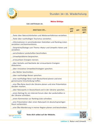 Le kt
ion
55 Stunden 34—35. WiederholungStunden 34—35. Wiederholung
Lektion 5. Natur und Umwelt
85
Meine Erfolge
Lies und kreuze an.
Jetzt kann ich…
sehr
gut
gut
noch
nicht
gut
…Texte über Naturschönheiten und Wetterverhältnisse verstehen.
…Texte über nachhaltigen Tourismus verstehen.
…Informationen in verschiedensten Statistiken und Ranking-Listen
verstehen und kommentieren.
…Gespräche/Dialoge zum Thema «Natur und Umwelt» hören und
verstehen.
…verschiedene Landschaften beschreiben.
…Umweltprobleme besprechen.
…erneuerbare Energien nennen.
…über Vorteile und Nachteile der erneuerbaren Energien
diskutieren.
…über innovative Umwelttechnologien sprechen.
…das Wetter beschreiben.
…über nachhaltige Reisen sprechen.
…eine nachhaltige Reise nach Deutschland planen und eine
gemeinsame Entscheidung treffen.
…eine Öko-Reise durch die Ukraine planen und eine Präsentation
darüber machen.
…über Naturparks in Deutschland und in der Ukraine sprechen.
…einen Beitrag für ein Internet-Forum über die Landschaften in
der Ukraine schreiben.
…einen Kommentar zur Ranking-Liste schreiben.
…eine Präsentation über einen Naturpark im deutschsprachigen
Raum vorbereiten.
…eine Öko-Wanderung in meiner Region planen und beschreiben.
Teste dich selbst auf der Website.
Geh auf: interac ve.
ranok.com.ua
 