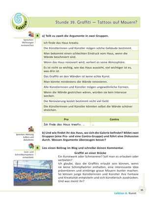 Le kt
ion
66 Stunde 39. Graffiti — Tattoos auf Mauern?Stunde 39. Graffiti — Tattoos auf Mauern?
Lektion 6. Kunst
95
4 a) Teilt zu zweit die Argumente in zwei Gruppen.
Ich finde das Haus kreativ.
Die Künstlerinnen und Künstler mögen solche Gebäude bestimmt.
Man bekommt einen schlechten Eindruck vom Haus, wenn die
Wände beschmiert sind.
Wenn das Haus renoviert wird, verliert es seine Atmosphäre.
Es ist nicht so wichtig, wie das Haus aussieht, viel wichtiger ist es,
was drin ist.
Das Graffiti an den Wänden ist keine echte Kunst.
Man könnte mindestens die Wände renovieren.
Alle Künstlerinnen und Künstler mögen ungewöhnliche Formen.
Wenn die Wände gestrichen wären, würden sie kein Interesse
wecken.
Die Renovierung kostet bestimmt nicht viel Geld.
Die Künstlerinnen und Künstler könnten selbst die Wände schöner
streichen.
Pro Contra
Ich finde das Haus kreativ. … …
b) Und wie findet ihr das Haus, wo sich die Galerie befindet? Bildet zwei
Gruppen (eine Pro- und eine Contra-Gruppe) und führt eine Diskussion
durch. Wessen Argumente überzeugen besser?
5 Lies einen Beitrag im Blog und schreibe deinen Kommentar.
Graffiti an einer Brücke
Ein Kunstwerk oder Schmiererei? Soll man es erlauben oder
verbieten?
Ich glaube, dass die Graffitis erlaubt sein können, wenn
sie keine Schimpfwörter enthalten, eine interessante Idee
präsentieren und eintönige graue Mauern bunter machen.
So können junge Künstlerinnen und Künstler ihre Fantasie
und Kreativität entwickeln und sich künstlerisch ausdrücken.
Und was meint ihr?
4
Sprechen:
Meinungen
austauschen
Sprechen: Meinung
äußern und
disku eren
5
Lese- und
Schreibkompetenz
entwickeln
 