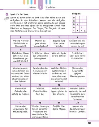 Lektion
105
Schulleben55
 Spiel «Tic Tac Toe».
Spielt zu zweit oder zu dritt. Löst der Reihe nach die
Aufgaben in den Kästchen. Wenn man die Aufgabe
richtig gelöst hat, stellt man seine Spielmarke auf dieses
Feld. Das Ziel des Spiels ist es, möglichst schnell vier
Kästchen zu belegen. Der Sieger/Die Siegerin ist, wer
vier Kästchen als Erster/Erste belegt hat.
1 2 3 4
Welche Note ist
die höchste in
Österreich?
Machst du
gern deine
Hausaufgaben?
Erzähle kurz
über deine
Schule.
An welchen Schul-
veranstaltungen
nimmst du teil?
5 6 7 8
Hat deine Klasse
schon mal eine
Sprachreise ge-
macht? Wohin?
Erzähle kurz über
das ukrainische
Schulsystem.
Wie wichtig ist
dir die Schule?
Erzähle kurz
über eure letzte
Klassenfahrt.
9 10 11 12
Wodurch unter-
scheidet sich ein
ukrainisches Gym-
nasium von einer
allgemeinbilden-
den Schule?
Beschreibe die
Schulräume in
deiner Schule.
Welches Noten-
system findest
du besser, das
deutsche oder
das ukrainische?
Warum?
Nenne drei
Argumente
gegen
Hausaufgaben.
13 14 15 16
Nenne fünf
Gründe, die
Schule zu mögen.
Welche
Zukunftspläne
hast du?
Welche Schul-
typen gibt es in
der Ukraine?
Welches Schul-
system ist besser?
Vergleiche zwei
verschiedene
Systeme.
17 18 19 20
Nenne drei
Argumente für
Hausaufgaben.
Welches Notensys-
tem ist gerechter?
Vergleiche drei
verschiedene Be-
wertungssysteme.
Erzähle über
deine Klasse.
Nenne ein
Sprichwort zum
Thema «Lernen».
Beispiel:
0
X
0 X
0 X
* * * X
 