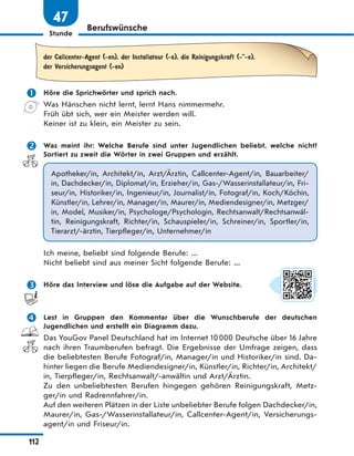 Stunde
112
47
Berufswünsche
der Callcenter-Agent (-en), der Installateur (-e), die Reinigungskraft (-"-e),
der Versicherungsagent (-en)
 Höre die Sprichwörter und sprich nach.
Was Hänschen nicht lernt, lernt Hans nimmermehr.
Früh übt sich, wer ein Meister werden will.
Keiner ist zu klein, ein Meister zu sein.
 Was meint ihr: Welche Berufe sind unter Jugendlichen beliebt, welche nicht?
Sortiert zu zweit die Wörter in zwei Gruppen und erzählt.
Apotheker/in, Architekt/in, Arzt/Ärztin, Callcenter-Agent/in, Bauarbeiter/
in, Dachdecker/in, Diplomat/in, Erzieher/in, Gas-/Wasserinstallateur/in, Fri-
seur/in, Historiker/in, Ingenieur/in, Journalist/in, Fotograf/in, Koch/Köchin,
Künstler/in, Lehrer/in, Manager/in, Maurer/in, Mediendesigner/in, Metzger/
in, Model, Musiker/in, Psychologe/Psychologin, Rechtsanwalt/Rechtsanwäl-
tin, Reinigungskraft, Richter/in, Schauspieler/in, Schreiner/in, Sportler/in,
Tierarzt/-ärztin, Tierpfleger/in, Unternehmer/in
Ich meine, beliebt sind folgende Berufe: ...
Nicht beliebt sind aus meiner Sicht folgende Berufe: ...
 Höre das Interview und löse die Aufgabe auf der Website.
 Lest in Gruppen den Kommentar über die Wunschberufe der deutschen
Jugendlichen und erstellt ein Diagramm dazu.
Das YouGov Panel Deutschland hat im Internet 10000 Deutsche über 16 Jahre
nach ihren Traumberufen befragt. Die Ergebnisse der Umfrage zeigen, dass
die beliebtesten Berufe Fotograf/in, Manager/in und Historiker/in sind. Da-
hinter liegen die Berufe Mediendesigner/in, Künstler/in, Richter/in, Architekt/
in, Tierpfleger/in, Rechtsanwalt/-anwältin und Arzt/Ärztin.
Zu den unbeliebtesten Berufen hingegen gehören Reinigungskraft, Metz-
ger/in und Radrennfahrer/in.
Auf den weiteren Plätzen in der Liste unbeliebter Berufe folgen Dachdecker/in,
Maurer/in, Gas-/Wasserinstallateur/in, Callcenter-Agent/in, Versicherungs-
agent/in und Friseur/in.
 