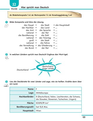 Stunde
121
Hier spricht man Deutsch
52
die Minderheitensprache (-n), der Muttersprachler (-), die Verwaltungsgliederung (-en)
 Bilde Komposita und höre die Lösung.
das Haupt + die Stadt = die Hauptstadt
der Nachbar + das Land = ...
das Amt + die Sprache = ...
national + der Rat = ...
die Bevölkerung + die Zahl = ...
national + der Feiertag = ...
groß + die Stadt = ...
national + die Fahne = ...
die Verwaltung + die Gliederung = ...
der Bund + der Rat = ...
 In welchen Ländern spricht man Deutsch? Ergänze den Wort-Igel.
deutschspra-
chige Länder
Deutschland
 Lies die Steckbriefe für zwei Länder und sage, wie sie heißen. Erzähle dann über
ein Land.
Name: ?
Lage: Mitteleuropa
Nachbarländer: 8 (Deutschland, Italien, Liechtenstein, die Schweiz,
die Slowakei, Slowenien, Tschechien, Ungarn)
Fläche: 83878,99 km2
Bevölkerungszahl: fast 8,8 Mio.
Hauptstadt: Wien
 