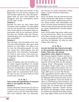 pensioniert und habe viel Freizeit. In der
Regel sehe ich eine Stunde morgens und
drei Stunden abends fern. Das Fernsehan-
gebot finde ich auch nicht schlecht. Am
häufigsten sehe ich verschiedene Serien
auf RTL oder im ZDF.
Situation 2
Michael: Ich kann mir mein Leben ohne
Fernsehen nicht vorstellen. Ich sehe täglich
zwei bis drei Stunden fern. Manchmal auch
mehr. Immer gibt es im Fernsehen etwas In-
teressantes, was ich mir anschauen möchte.
Das kann ein Trickfilm oder eine Wissen-
schaftssendung sein. Am liebsten habe ich
aber Actionfilme.
Situation 3
Herr Uhrmann: Das Fernsehen ist für mich
nicht das Allerwichtigste, aber ganz ohne
möchte ich nicht leben. Vor allem ist es
für mich die Informationsquelle. Ich sehe
sehr wenig fern. Überwiegend sind das
Nachrichten und informative Sendungen.
Ich finde es auch schön, nach einem an-
strengenden Tag einen interessanten Film
zu schauen.
Situation 4
Mona: Ich glaube, dass das Fernsehen un-
ser Leben negativ beeinflusst. Es schadet
der Gesundheit. Es gibt viel interessantere
Dinge als stundenlang in die Kiste zu glot-
zen. Man kann Freunde treffen, spazieren
gehen oder ein spannendes Buch lesen.
Ich sehe nie fern. Zu Hause habe ich nicht
einmal einen Fernseher.
St. 31, Üb. 3
Wozu surfen die Jugendlichen im Internet?
Höre zu und ergänze die Sätze.
Situation 1
Claudia: Dank dem Internet kann ich nicht nur
mit Leuten, die ich kenne, in Kontakt bleiben,
sondern rund um die Uhr Nachrichten lesen,
aber auch konkrete Hilfe von Menschen,
die Ahnung von einem bestimmten Thema
haben, in einem Fachforum bekommen.
Situation 2
Heinz: Ich denke, dass das Internet eine der
besten Erfindungen aller Zeiten ist. Dadurch
kann ich mit Freunden weltweit kommunizie-
ren, Waren kaufen, mich weiterbilden und
lernen. Ich lerne online Französisch. Und das
finde ich super! Ich benutze auch das Internet,
um meine Lieblingsmusik herunterzuladen.
Situation 3
Anna: Ich bin jeden Tag online, außer wenn
ich mal nicht da bin. Wenn ich im Internet
surfe, dann schreibe ich gern E-Mails, chat-
te, bin in verschiedenen Foren, suche Bilder
und Infos für Referate. Ich sehe mir auch
Videos oder Filme an.
St. 31, Üb. 4
Lies den Text über das Internet und ergän-
ze die passenden Präpositionen aus dem
Kasten. Höre dann die Lösung.
Jugendliche surfen täglich im Internet
Die Nutzung digitaler Medien und des In-
ternets nimmt eine immer größere Rolle
im Leben der 12- bis 19-Jährigen ein. Das
zeigt die JIM-Studie 2017, die den Medien-
umgang dieser Altersgruppe untersucht.
Laut dieser Studie nutzen neun von zehn
Jugendlichen täglich das Internet. Hier ver-
bringen sie im Durchschnitt 221 Minuten am
Tage. 2007 waren es noch 106 Minuten.
Viele Jugendliche besitzen selbst ein Smart-
phone (97 Prozent). Etwas mehr als die Hälfte
der Befragten (53 Prozent) hat einen Fernse-
her. Die Jugendlichen nutzen die Geräte vor
allem zur Unterhaltung, Kommunikation und
als Informationsquelle. So finden es 56 Prozent
wichtig, dass sie schnell über das aktuelle
Zeitgeschehen informiert werden können.
88 Prozent der Befragten nutzen mehrmals
pro Woche das Videoportal YouTube, 63 Pro-
zent sogar täglich. Etwas mehr als die Hälfte
164
Hörübungen und -texte
 