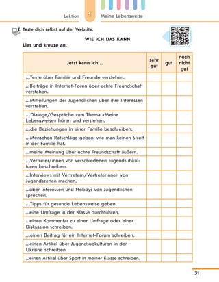 11Lektion Meine Lebensweise
31
Teste dich selbst auf der Website.
WIE ICH DAS KANN
Lies und kreuze an.
Jetzt kann ich…
sehr
gut
gut
noch
nicht
gut
…Texte über Familie und Freunde verstehen.
...Beiträge in Internet-Foren über echte Freundschaft
verstehen.
...Mitteilungen der Jugendlichen über ihre Interessen
verstehen.
…Dialoge/Gespräche zum Thema «Meine
Lebensweise» hören und verstehen.
…die Beziehungen in einer Familie beschreiben.
...Menschen Ratschläge geben, wie man keinen Streit
in der Familie hat.
...meine Meinung über echte Freundschaft äußern.
…Vertreter/innen von verschiedenen Jugendsubkul-
turen beschreiben.
...Interviews mit Vertretern/Vertreterinnen von
Jugendszenen machen.
...über Interessen und Hobbys von Jugendlichen
sprechen.
…Tipps für gesunde Lebensweise geben.
...eine Umfrage in der Klasse durchführen.
...einen Kommentar zu einer Umfrage oder einer
Diskussion schreiben.
…einen Beitrag für ein Internet-Forum schreiben.
...einen Artikel über Jugendsubkulturen in der
Ukraine schreiben.
...einen Artikel über Sport in meiner Klasse schreiben.
 