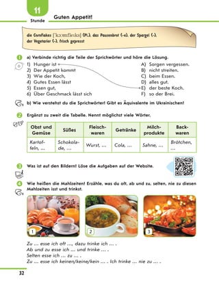 Stunde
32
11
Guten Appetit!
die Cornflakes ['k1: nfleks] (Pl.), das Pausenbrot (-e), der Spargel (-),
der Vegetarier (-), frisch gepresst
 a) Verbinde richtig die Teile der Sprichwörter und höre die Lösung.
1) Hunger ist
2) Der Appetit kommt
3) Wie der Koch,
4) Gutes Essen lässt
5) Essen gut,
6) Über Geschmack lässt sich
A) Sorgen vergessen.
B) nicht streiten.
C) beim Essen.
D) alles gut.
E) der beste Koch.
F) so der Brei.
b) Wie verstehst du die Sprichwörter? Gibt es Äquivalente im Ukrainischen?
 Ergänzt zu zweit die Tabelle. Nennt möglichst viele Wörter.
Obst und
Gemüse
Süßes
Fleisch-
waren
Getränke
Milch-
produkte
Back-
waren
Kartof-
feln, ...
Schokola-
de, …
Wurst, … Cola, … Sahne, …
Brötchen,
…
 Was ist auf den Bildern? Löse die Aufgaben auf der Website.
 Wie heißen die Mahlzeiten? Erzähle, was du oft, ab und zu, selten, nie zu diesen
Mahlzeiten isst und trinkst.
1 2 3
Zu … esse ich oft …, dazu trinke ich … .
Ab und zu esse ich … und trinke … .
Selten esse ich … zu … .
Zu … esse ich keinen/keine/kein … . Ich trinke … nie zu … .
 