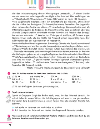 Lektion
78
Massenmedien44
die den Medienumgang dieser Altersgruppe untersucht. ...(2)
dieser Studie
nutzen neun von zehn Jugendlichen täglich das Internet. Hier verbringen sie
...(3)
Durchschnitt 221 Minuten ...(4)
Tage. 2007 waren es noch 106 Minuten.
Viele Jugendliche besitzen selbst ein Smartphone (97 Prozent). Etwas mehr
als die Hälfte der Befragten (53 Prozent) hat einen Fernseher. Die Jugendli-
chen nutzen die Geräte vor allem ...(5)
Unterhaltung, Kommunikation und als
Informationsquelle. So finden es 56 Prozent wichtig, dass sie schnell über das
aktuelle Zeitgeschehen informiert werden können. 88 Prozent der Befrag-
ten nutzen mehrmals ...(6)
Woche das Videoportal YouTube, 63 Prozent sogar
täglich. Etwas mehr als die Hälfte (55 Prozent) schaut regelmäßig fern. Der
Lieblingssender der Jugendlichen ist ProSieben.
Im musikalischen Bereich gewinnen Streaming-Dienste wie Spotify zunehmend
...(7)
Bedeutung und werden inzwischen von jedem zweiten Jugendlichen mehr-
mals pro Woche benutzt. Immer häufiger nutzen Jugendliche das Internet, um
...(8)
soziale Netzwerke oder Messenger-Dienste zu kommunizieren. 94 Prozent
der Befragten gaben an, sich regelmäßig über den Internetnachrichten-Dienst
WhatsApp auszutauschen. Facebook verliert hingegen deutlich an Bedeutung
und wird nur noch ...(9)
jedem vierten Teenager genutzt. Stattdessen greifen
Jugendliche lieber ...(10)
bildzentrierte Dienste wie Instagram (57 Prozent) oder
Snapchat (49 Prozent) zurück.
Nach: www.pro-medienmagazin.de (bearbeitet und verkürzt)
 Was für Zahlen stehen im Text? Was bedeuten sie? Erzähle.
57 %  ...
88 %  ...
12—19  ...
die Hälfte  ...
97 %  ...
63 %  ...
221  ...
9 von 10  ...
ein Viertel  ...
2017  ...
94 %  ...
106  ...
57 % der Befragten benutzen gern Instagram.
 Spiel «Internetnutzer».
Spielt in Gruppen. Sagt der Reihe nach, wozu ihr das Internet benutzt. Ihr
müsst dabei in euren Sätzen die Infinitivgruppe mit «um ... zu» gebrauchen.
Für jeden Satz bekommt man je einen Punkt. Wer die meisten Punkte hat,
gewinnt.
A: Ich surfe im Internet, um nach Infos zu suchen.
B: Ich benutze das Internet, um meine Lieblingsmusik herunterzuladen.
 Wozu und wie oft surfst du im Internet? Welche Websites und Dienste hast du am
liebsten? Bereite eine Präsentation vor.
 