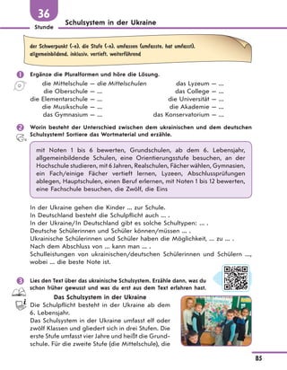Stunde
85
Schulsystem in der Ukraine
36
der Schwerpunkt (-e), die Stufe (-n), umfassen (umfasste, hat umfasst),
allgemeinbildend, inklusiv, vertieft, weiterfЋhrend
 Ergänze die Pluralformen und höre die Lösung.
die Mittelschule — die Mittelschulen
die Oberschule — ...
die Elementarschule — ...
die Musikschule — ...
das Gymnasium — ...
das Lyzeum — ...
das College — ...
die Universität — ...
die Akademie — ...
das Konservatorium — ...
 Worin besteht der Unterschied zwischen dem ukrainischen und dem deutschen
Schulsystem? Sortiere das Wortmaterial und erzähle.
mit Noten 1 bis 6 bewerten, Grundschulen, ab dem 6. Lebensjahr,
allgemeinbildende Schulen, eine Orientierungsstufe besuchen, an der
Hochschule studieren, mit 6 Jahren, Realschulen, Fächer wählen, Gymnasien,
ein Fach/einige Fächer vertieft lernen, Lyzeen, Abschlussprüfungen
ablegen, Hauptschulen, einen Beruf erlernen, mit Noten 1 bis 12 bewerten,
eine Fachschule besuchen, die Zwölf, die Eins
In der Ukraine gehen die Kinder ... zur Schule.
In Deutschland besteht die Schulpflicht auch ... .
In der Ukraine/In Deutschland gibt es solche Schultypen: ... .
Deutsche Schülerinnen und Schüler können/müssen ... .
Ukrainische Schülerinnen und Schüler haben die Möglichkeit, ... zu ... .
Nach dem Abschluss von ... kann man ... .
Schulleistungen von ukrainischen/deutschen Schülerinnen und Schülern ...,
wobei ... die beste Note ist.
 Lies den Text über das ukrainische Schulsystem. Erzähle dann, was du
schon früher gewusst und was du erst aus dem Text erfahren hast.
Das Schulsystem in der Ukraine
Die Schulpflicht besteht in der Ukraine ab dem
6. Lebensjahr.
Das Schulsystem in der Ukraine umfasst elf oder
zwölf Klassen und gliedert sich in drei Stufen. Die
erste Stufe umfasst vier Jahre und heißt die Grund-
schule. Für die zweite Stufe (die Mittelschule), die
 