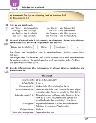 Stunde
87
Schulen im Ausland
37
der Primarbereich (nur Sg.), die ReifeprЋfung (-en), die Schulpflicht (-en),
der Sekundarbereich (-e)
 Höre zu und sprich nach.
die Pflicht — die Schulpflicht
der Typ — der Schultyp
das Fach — das Schulfach
das Jahr — das Schuljahr
der Eintritt — der Schuleintritt
die Zahl — die Schülerzahl
die Gruppe — die Altersgruppe
die Prüfung — die Reifeprüfung
 Wodurch können sich die Schulsysteme in verschiedenen Ländern unterscheiden?
Sammelt Ideen zu zweit und vergleicht mit den anderen.
Dauer der Schulpflicht Noten Schultypen ...
Die Dauer der Schulpflicht kann in verschiedenen Ländern unterschied-
lich sein.
Leistungen der Schülerinnen und Schüler können auch nach verschiedenen
Bewertungssystemen bewertet werden, z. B. nach Noten oder Punkten.
Die Schultypen können auch ... .
 Lies die Informationen über Schulsysteme in einigen Ländern. Vergleiche und
kommentiere sie.
Österreich
Schuleintritt:
Schulpflicht:
Primarbereich:
Sekundarbereich I:
Sekundarbereich II:
Schultypen:
Reifeprüfung:
Dauer des Schuljahres:
ab dem 6. Lebensjahr
9 Jahre
Volksschule (Grundschule)/4 Jahre
neue Mittelschule oder Unterstufe einer allge-
meinbildenden höheren Schule (AHS)/4 Jahre
Oberstufe einer mittleren oder höheren Schu-
le/4 bis 5 Jahre, Polytechnische Schule mit
anschließender Berufsschule/1 bis 4 Jahre
allgemeinbildende Schulen, berufsbildende
Schulen, Gymnasien, Privatschulen
Matura
September bis Juni
 