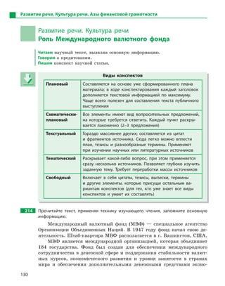 130
Развитие речи. Культура речи. Азы финансовой грамотности
Развитие речи. Культура речи
Роль Международного валютного фонда
Читаем научный текст, выявляя основную информацию.
Говорим о кредитовании.
Пишем конспект научной статьи.
Виды конспектов
Плановый Составляется на основе уже сформированного плана
материала; в  ходе конспектирования каждый заголовок
дополняется текстовой информацией по максимуму.
Чаще всего полезен для составления текста публичного
выступления
Схематически-
плановый
Все элементы имеют вид вопросительных предложений,
на которые требуется ответить. Каждый пункт раскры-
вается лаконично (2–3  предложения)
Текстуальный Гораздо массивнее других; составляется из цитат
и  фрагментов источника. Сюда легко можно вплести
план, тезисы и  разнообразные термины. Применяют
при изучении научных или литературных источников
Тематический Раскрывает какой-либо вопрос, при этом применяется
сразу несколько источников. Позволяет глубоко изучить
заданную тему. Требует переработки массы источников
Свободный Включает в  себя цитаты, тезисы, выписки, термины
и  другие элементы, которые присущи остальным ва-
риантам конспектов (для тех, кто уже знает все виды
конспектов и  умеет их составлять)
214 Прочитайте текст, применяя технику изучающего чтения, запомните основную
информацию.
Международный валютный фонд (МВФ) — специальное агентство
Организации Объединенных Наций. В 1947 году фонд начал свою де-
ятельность. Штаб-квартира МВФ располагается в г. Вашингтон, США.
МВФ является международной организацией, которая объединяет
184 государства. Фонд был создан для обеспечения международного
сотрудничества в денежной сфере и поддержания стабильности валют-
ных курсов, экономического развития и уровня занятости в странах
мира и обеспечения дополнительными денежными средствами эконо-
Виды конспектов
Плановый Составляется на основе уже сформированного плана
материала; в  ходе конспектирования каждый заголовок
дополняется текстовой информацией по максимуму.
Чаще всего полезен для составления текста публичного
выступления
Схематически-
плановый
Все элементы имеют вид вопросительных предложений,
на которые требуется ответить. Каждый пункт раскры-
вается лаконично (2–3  предложения)
Текстуальный Гораздо массивнее других; составляется из цитат
и  фрагментов источника. Сюда легко можно вплести
план, тезисы и  разнообразные термины. Применяют
при изучении научных или литературных источников
Тематический Раскрывает какой-либо вопрос, при этом применяется
сразу несколько источников. Позволяет глубоко изучить
заданную тему. Требует переработки массы источников
Свободный Включает в  себя цитаты, тезисы, выписки, термины
и  другие элементы, которые присущи остальным ва-
риантам конспектов (для тех, кто уже знает все виды
конспектов и  умеет их составлять)
 