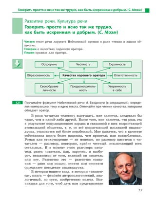 73
Развитие речи. Культура речи
Говорить просто и  ясно так же трудно,
как быть искренним и  добрым. (С. Моэм)
Читаем текст речи лауреата Нобелевской премии о роли чтения в жизни об-
щества.
Говорим о качествах хорошего оратора.
Пишем правила для оратора.
Остроумие Честность Скромность
Образованность Качества хорошего оратора Ответственность
Своеобразие
личности
Предусмотритель-
ность
Уверенность
в  себе
121 Прочитайте фрагмент Нобелевской речи И. Бродского (в сокращении), опреде-
ляя композицию, тему и идею текста. Отмечайте при чтении качества, которыми
обладает оратор.
В роли читателя человеку выступать, мне кажется, следовало бы
чаще, чем в какой-либо другой. Более того, мне кажется, что роль эта
в результате популяционного взрыва и связанной с ним возрастающей
атомизацией общества, т. е. со всё возрастающей изоляцией индиви-
дуума, становится всё более неизбежной. Мне кажется, что в качестве
собеседника книга более надежна, чем приятель или возлюбленная.
Роман или стихотворение — не монолог, но разговор писателя с чи-
тателем — разговор, повторяю, крайне честный, исключающий всех
остальных. И в момент этого разговора писа-
тель равен читателю, как, впрочем, и наобо-
рот, независимо от того, великий он писатель
или нет. Равенство это — равенство созна-
ния — рано или поздно, кстати или некстати
определяет поведение индивидуума.
В истории нашего вида, в истории «сапиен-
са», книга — фено5ме5н антропологический, ана-
логичный, по сути, изобретению колеса. Воз-
никшая для того, чтоб дать нам представление
Остроумие Честность Скромность
Образованность Качества хорошего оратора Ответственность
Своеобразие
личности
Предусмотритель-
ность
Уверенность
в  себе
Говорить просто и ясно так же трудно, как быть искренним и добрым. (С. Моэм)
 