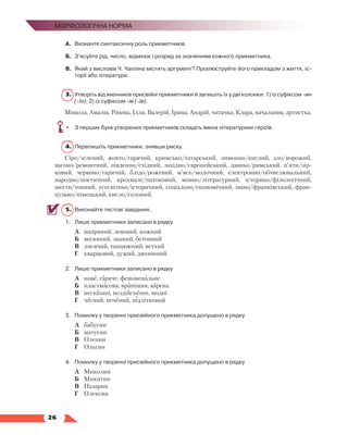   26
Морфологічна норма
А.	 Визначте синтаксичну роль прикметників.
Б.	 З’ясуйте рід, число, відмінок і розряд за значенням кожного прикметника.
В.	 Який з висловів Ч. Чапліна містить аргумент? Проілюструйте його прикладом з життя, іс­
торії або літератури.
3.	Утворіть від іменників присвійні прикметники й запишіть їх у дві колонки: 1) із суфіксом -ин
(-їн); 2) із суфіксом -ів (-їв).
Микола, Амалія, Римма, Ілля, Валерій, Ірина, Андрій, читачка, Клара, начальник, артистка.
•	 З перших букв утворених прикметників складіть імена літературних героїв.
4.	 Перепишіть прикметники, знявши риску.
Сіро/зелений, жовто/гарячий, кримсько/татарський, лимонно/кислий, зло/ворожий,
вагоно/ремонтний, південно/східний, західно/європейський, давньо/римський, п’яти/зір-
ковий, червоно/гарячий, блідо/рожевий, м’ясо/молочний, електронно/обчислювальний,
народно/поетичний, крохмале/патоковий, мовно/літературний, історико/філологічний,
шести/тонний, усесвітньо/історичний, соціально/економічний, івано/франківський, фран-
цузько/німецький, кисло/солоний.
5.	 Виконайте тестові завдання.
1.	 Лише прикметники записано в рядку
	 А	 шкіряний, левовий, кожний
	 Б	 весняний, знаний, бетонний
	 В	 лисячий, танцюючий, ветхий
	 Г	 кварцовий, дужий, двозонний
2.	 Лише прикметники записано в рядку
	 А	 нове, гаряче, феноменальне
	 Б	 пластмасова, вранішня, варена
	 В	 несказані, нездійсненні, модні
	 Г	 чесний, печений, підлітковий
3.	 Помилку у творенні присвійного прикметника допущено в рядку
	 А	 бабусин
	 Б	 матусин
	 В	 Оленин
	 Г	 Ольгин
4.	 Помилку у творенні присвійного прикметника допущено в рядку
	 А	 Миколин
	 Б	 Микитин
	 В	 Назарин
	 Г	 Олексин
 