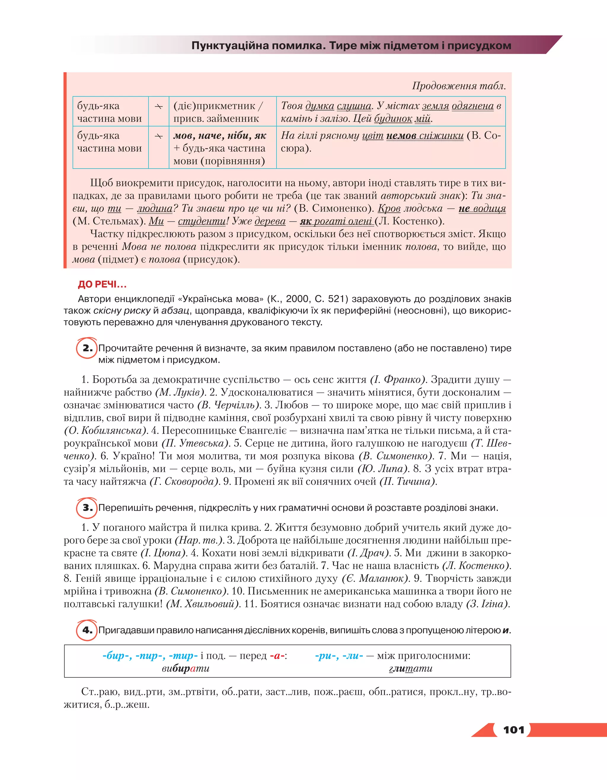   101
Пунктуаційна помилка. Тире між підметом і присудком
Продовження табл.
будь-яка
частина мови
(діє)прикметник /
присв. займенник
Твоя думка слушна. У містах земля одягнена в
камінь і залізо. Цей будинок мій.
будь-яка
частина мови
мов, наче, ніби, як
+ будь-яка частина
мови (порівняння)
На гіллі рясному цвіт немов сніжинки (В. Со-
сюра).
Щоб виокремити присудок, наголосити на ньому, автори іноді ставлять тире в тих ви-
падках, де за правилами цього робити не треба (це так званий авторський знак): Ти зна-
єш, що ти — людина? Ти знаєш про це чи ні? (В. Симоненко). Кров людська — не водиця
(М. Стельмах). Ми — студенти! Уже дерева — як рогаті олені (Л. Костенко).
Частку підкреслюють разом з присудком, оскільки без неї спотворюється зміст. Якщо
в реченні Мова не полова підкреслити як присудок тільки іменник полова, то вийде, що
мова (підмет) є полова (присудок).
ДО РЕЧІ…
Автори енциклопедії «Українська мова» (К., 2000, С. 521) зараховують до розділових знаків
також скісну риску й абзац, щоправда, кваліфікуючи їх як периферійні (неосновні), що викорис­
товують переважно для членування друкованого тексту.
2.	 Прочитайте речення й визначте, за яким правилом поставлено (або не поставлено) тире
між підметом і присудком.
1. Боротьба за демократичне суспільство — ось сенс життя (І. Франко). Зрадити душу —
найнижче рабство (М. Луків). 2. Удосконалюватися — значить мінятися, бути досконалим —
означає змінюватися часто (В. Черчілль). 3. Любов — то широке море, що має свій приплив і
відплив, свої вири й підводне каміння, свої розбурхані хвилі та свою рівну й чисту поверхню
(О. Кобилянська). 4. Пересопницьке Євангеліє — визначна пам’ятка не тільки письма, а й ста-
роукраїнської мови (П. Утевська). 5. Серце не дитина, його галушкою не нагодуєш (Т. Шев-
ченко). 6. Україно! Ти моя молитва, ти моя розпука вікова (В. Симоненко). 7. Ми — нація,
сузір’я мільйонів, ми — серце воль, ми — буйна кузня сили (Ю. Липа). 8. З усіх втрат втра-
та часу найтяжча (Г. Сковорода). 9. Промені як вії сонячних очей (П. Тичина).
3.	 Перепишіть речення, підкресліть у них граматичні основи й розставте розділові знаки.
1. У поганого майстра й пилка крива. 2. Життя безумовно добрий учитель який дуже до-
рого бере за свої уроки (Нар. тв.). 3. Доброта це найбільше досягнення людини найбільш пре-
красне та святе (І. Цюпа). 4. Кохати нові землі відкривати (І. Драч). 5. Ми джини в закорко-
ваних пляшках. 6. Марудна справа жити без баталій. 7. Час не наша власність (Л. Костенко).
8. Геній явище ірраціональне і є силою стихійного духу (Є. Маланюк). 9. Творчість завжди
мрійна і тривожна (В. Симоненко). 10. Письменник не американська машинка а твори його не
полтавські галушки! (М. Хвильовий). 11. Боятися означає визнати над собою владу (З. Ігіна).
4.	 Пригадавши правило написання дієслівних коренів, випишіть слова з пропущеною літерою и.
-бир-, -пир-, -тир- і под. — перед -а-: -ри-, -ли- — між приголосними:
вибирати глитати
Ст..раю, вид..рти, зм..ртвіти, об..рати, заст..лив, пож..раєш, обп..ратися, прокл..ну, тр..во-
житися, б..р..жеш.
 