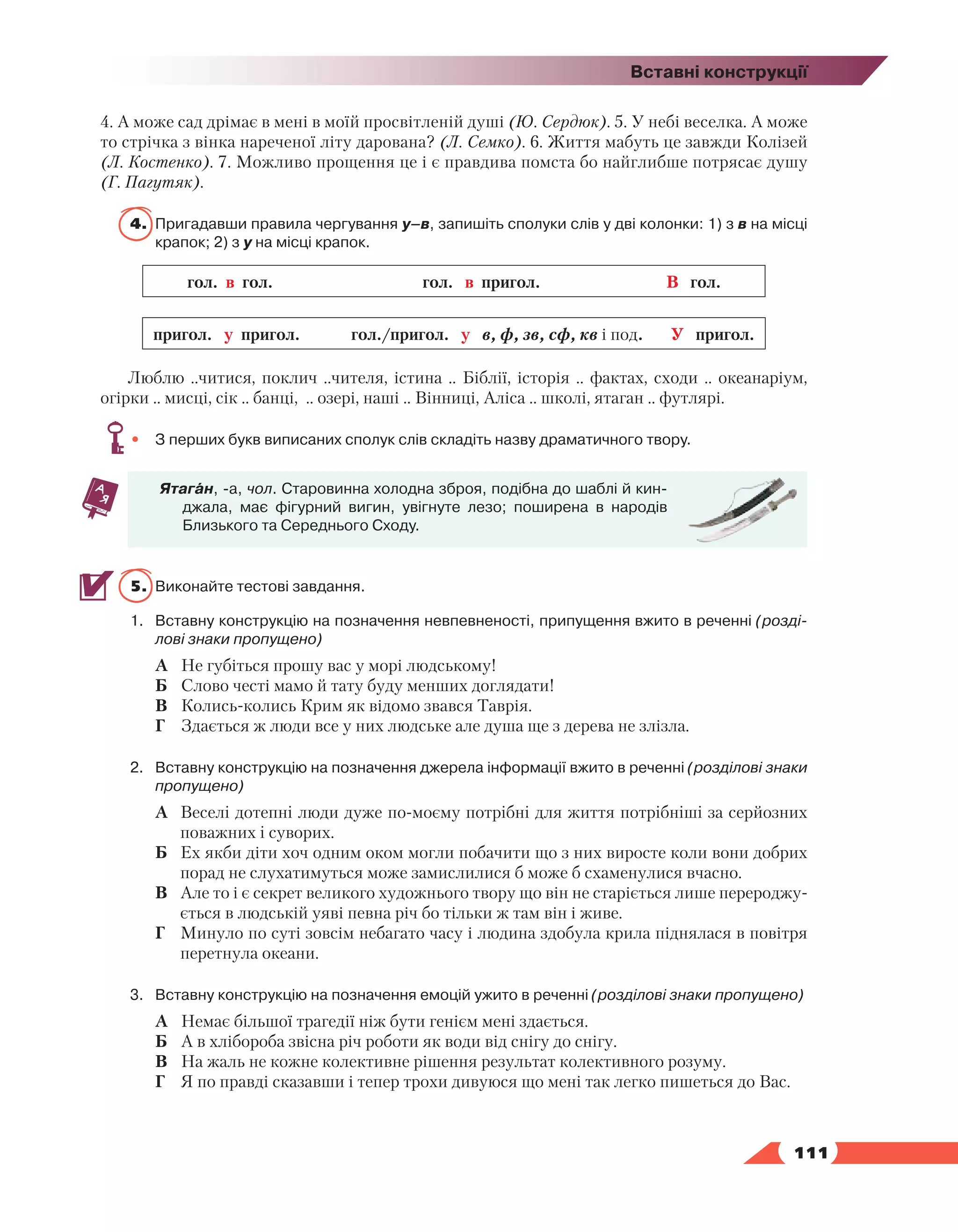   111
Вставні конструкції
4. А може сад дрімає в мені в моїй просвітленій душі (Ю. Сердюк). 5. У небі веселка. А може
то стрічка з вінка нареченої літу дарована? (Л. Семко). 6. Життя мабуть це завжди Колізей
(Л. Костенко). 7. Можливо прощення це і є правдива помста бо найглибше потрясає душу
(Г. Пагутяк).
4.	 Пригадавши правила чергування у–в, запишіть сполуки слів у дві колонки: 1) з в на місці
крапок; 2) з у на місці крапок.
гол. в гол. гол. в пригол. В гол.
пригол. у пригол. гол./пригол. у в, ф, зв, сф, кв і под. У пригол.
Люблю ..читися, поклич ..чителя, істина .. Біблії, історія .. фактах, сходи .. океанаріум,
огірки .. мисці, сік .. банці, .. озері, наші .. Вінниці, Аліса .. школі, ятаган .. футлярі.
•	 З перших букв виписаних сполук слів складіть назву драматичного твору.
Ятаган, -а, чол. Старовинна холодна зброя, подібна до шаблі й кин­
джала, має фігурний вигин, увігнуте лезо; поширена в народів
Близького та Середнього Сходу.
5.	 Виконайте тестові завдання.
1.	 Вставну конструкцію на позначення невпевненості, припущення вжито в реченні (розді-
лові знаки пропущено)
	 А	 Не губіться прошу вас у морі людському!
	 Б	 Слово честі мамо й тату буду менших доглядати!
	 В	 Колись-колись Крим як відомо звався Таврія.
	 Г	 Здається ж люди все у них людське але душа ще з дерева не злізла.
2.	 Вставну конструкцію на позначення джерела інформації вжито в реченні (розділові знаки
пропущено)
А	 Веселi дотепнi люди дуже по-моєму потрiбнi для життя потрiбнiшi за серйозних
поважних i суворих.
Б	 Ех якби діти хоч одним оком могли побачити що з них виросте коли вони добрих
порад не слухатимуться може замислилися б може б схаменулися вчасно.
В	 Але то і є секрет великого художнього твору що він не старіється лише перероджу-
ється в людській уяві певна річ бо тільки ж там він і живе.
Г	 Минуло по суті зовсім небагато часу і людина здобула крила піднялася в повітря
перетнула океани.
3.	 Вставну конструкцію на позначення емоцій ужито в реченні (розділові знаки пропущено)
	 А	 Немає більшої трагедії ніж бути генієм мені здається.
	 Б	 А в хлібороба звісна річ роботи як води від снігу до снігу.
	 В	 На жаль не кожне колективне рішення результат колективного розуму.
	 Г	 Я по правді сказавши і тепер трохи дивуюся що мені так легко пишеться до Вас.
 
