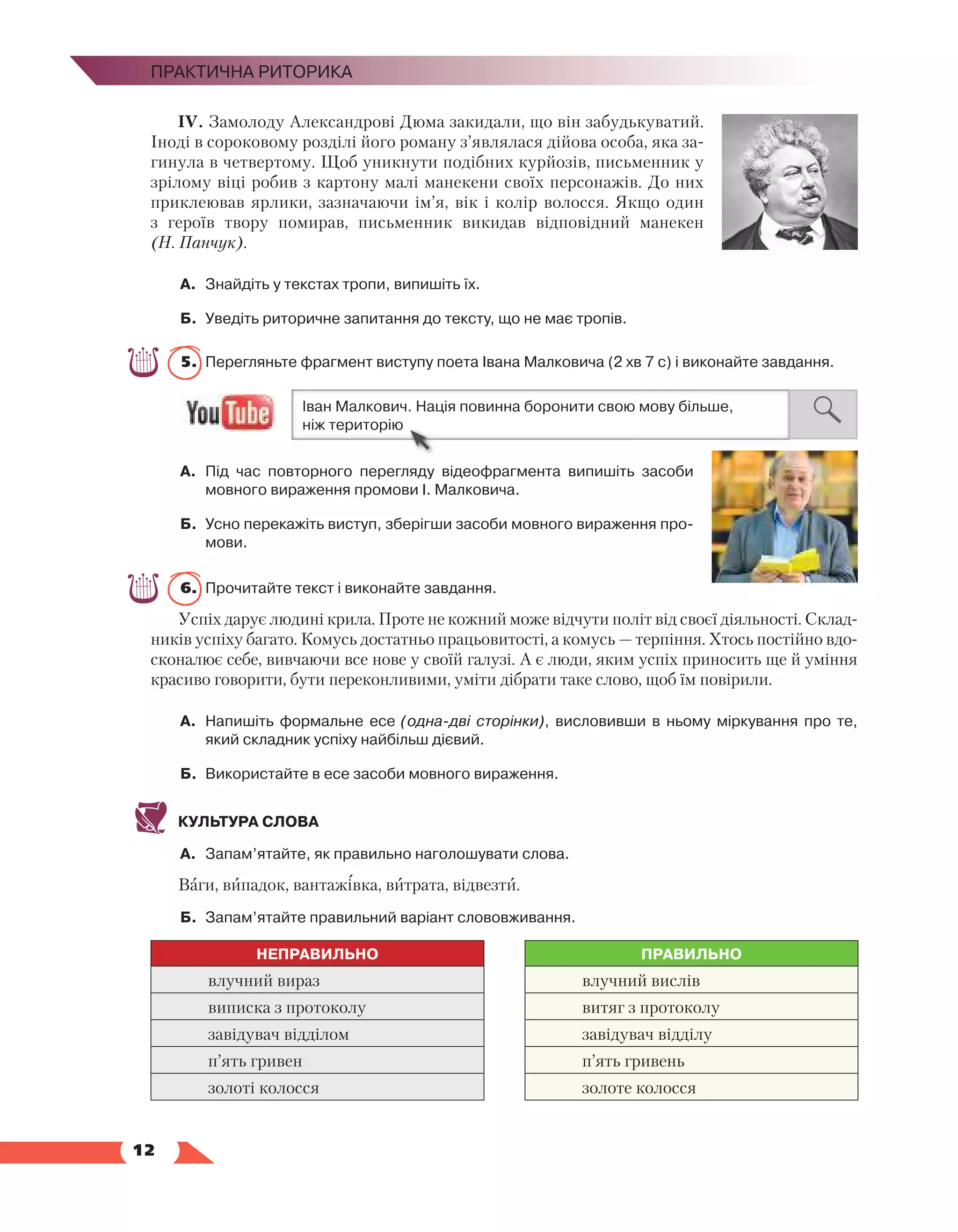  12
Практична риторика
IV. Замолоду Александрові Дюма закидали, що він забудькуватий.
Іноді в сороковому розділі його роману з’являлася дійова особа, яка за-
гинула в четвертому. Щоб уникнути подібних курйозів, письменник у
зрілому віці робив з картону малі манекени своїх персонажів. До них
приклеював ярлики, зазначаючи ім’я, вік і колір волосся. Якщо один
з героїв твору помирав, письменник викидав відповідний манекен
(Н. Панчук).
А.	 Знайдіть у текстах тропи, випишіть їх.
Б.	Уведіть риторичне запитання до тексту, що не має тропів.
5.	 Перегляньте фрагмент виступу поета Івана Малковича (2 хв 7 с) і виконайте завдання.
А.	 Під час повторного перегляду відеофрагмента випишіть засоби
мовного вираження промови І. Малковича.
Б.	Усно перекажіть виступ, зберігши засоби мовного вираження про­
мови.
6.	 Прочитайте текст і виконайте завдання.
Успіх дарує людині крила. Проте не кожний може відчути політ від своєї діяльності. Склад-
ників успіху багато. Комусь достатньо працьовитості, а комусь — терпіння. Хтось постійно вдо-
сконалює себе, вивчаючи все нове у своїй галузі. А є люди, яким успіх приносить ще й уміння
красиво говорити, бути переконливими, уміти дібрати таке слово, щоб їм повірили.
А.	 Напишіть формальне есе (одна-дві сторінки), висловивши в ньому міркування про те,
який складник успіху найбільш дієвий.
Б.	 Використайте в есе засоби мовного вираження.
КУЛЬТУРА СЛОВА
А.	 Запам’ятайте, як правильно наголошувати слова.
Ваги, випадок, вантажівка, витрата, відвезти.
Б.	 Запам’ятайте правильний варіант слововживання.
НЕПРАВИЛЬНО ПРАВИЛЬНО
влучний вираз влучний вислів
виписка з протоколу витяг з протоколу
завідувач відділом завідувач відділу
п’ять гривен п’ять гривень
золоті колосся золоте колосся
 