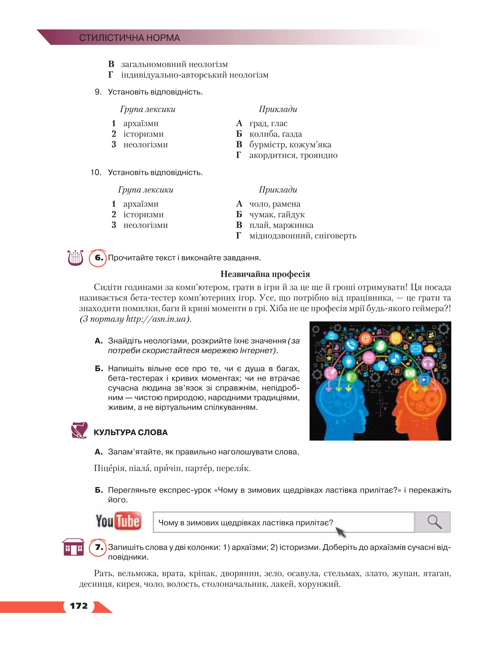   172
Стилістична норма
В	 загальномовний неологізм
Г	 індивідуально-авторський неологізм
9.	Установіть відповідність.
Група лексики Приклади
1	 архаїзми
2	 історизми
3	 неологізми
А	 град, глас
Б	 колиба, ґазда
В	 бурмістр, кожум’яка
Г	 акордитися, трояндно
10.	Установіть відповідність.
Група лексики Приклади
1	 архаїзми
2	 історизми
3	 неологізми
А	 чоло, рамена
Б	 чумак, гайдук
В	 плай, маржинка
Г	 міднодзвонний, сніговерть
6.	 Прочитайте текст і виконайте завдання.
Незвичайна професія
Сидіти годинами за комп’ютером, грати в ігри й за це ще й гроші отримувати! Ця посада
називається бета-тестер комп’ютерних ігор. Усе, що потрібно від працівника, — це грати та
знаходити помилки, баги й криві моменти в грі. Хіба не це професія мрії будь-якого геймера?!
(З порталу http://asn.in.ua).
А.	 Знайдіть неологізми, розкрийте їхнє значення (за
потреби скористайтеся мережею Інтернет).
Б.	 Напишіть вільне есе про те, чи є душа в багах,
бета-тестерах і кривих моментах; чи не втрачає
сучасна людина зв’язок зі справжнім, непідроб­
ним — чистою природою, народними традиціями,
живим, а не віртуальним спілкуванням.
КУЛЬТУРА СЛОВА
А.	 Запам’ятайте, як правильно наголошувати слова.
Піцерія, піала, причіп, партер, переляк.
Б.	 Перегляньте експрес-урок «Чому в зимових щедрівках ластівка прилітає?» і перекажіть
його.
7.	 Запишіть слова у дві колонки: 1) архаїзми; 2) історизми. Доберіть до архаїзмів сучасні від­
повідники.
Рать, вельможа, врата, кріпак, дворянин, зело, осавула, стельмах, злато, жупан, ятаган,
десниця, кирея, чоло, волость, столоначальник, лакей, хорунжий.
 