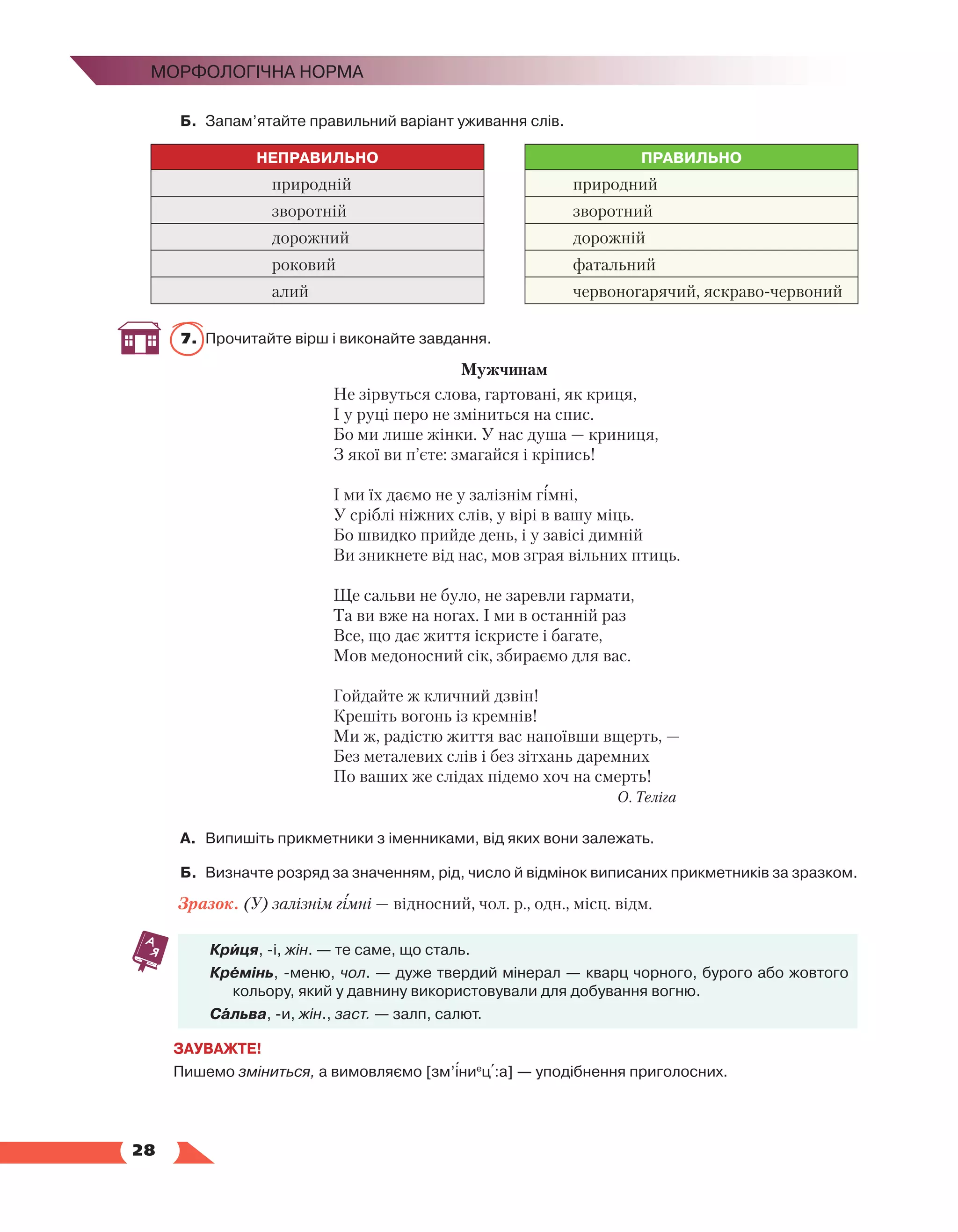   28
Морфологічна норма
Б.	 Запам’ятайте правильний варіант уживання слів.
НЕПРАВИЛЬНО ПРАВИЛЬНО
природній природний
зворотній зворотний
дорожний дорожній
роковий фатальний
алий червоногарячий, яскраво-червоний
7.	 Прочитайте вірш і виконайте завдання.
Мужчинам
Не зірвуться слова, гартовані, як криця,
І у руці перо не зміниться на спис.
Бо ми лише жінки. У нас душа — криниця,
З якої ви п’єте: змагайся і кріпись!
І ми їх даємо не у залізнім гімні,
У сріблі ніжних слів, у вірі в вашу міць.
Бо швидко прийде день, і у завісі димній
Ви зникнете від нас, мов зграя вільних птиць.
Ще сальви не було, не заревли гармати,
Та ви вже на ногах. І ми в останній раз
Все, що дає життя іскристе і багате,
Мов медоносний сік, збираємо для вас.
Гойдайте ж кличний дзвін!
Крешіть вогонь із кремнів!
Ми ж, радістю життя вас напоївши вщерть, —
Без металевих слів і без зітхань даремних
По ваших же слідах підемо хоч на смерть!
О. Теліга
А.	 Випишіть прикметники з іменниками, від яких вони залежать.
Б.	 Визначте розряд за значенням, рід, число й відмінок виписаних прикметників за зразком.
Зразок. (У) залізнім гімні — відносний, чол. р., одн., місц. відм.
Криця, -і, жін. — те саме, що сталь.
Кремінь, -меню, чол. — дуже твердий мінерал — кварц чорного, бурого або жовтого
кольору, який у давнину використовували для добування вогню.
Сальва, -и, жін., заст. — залп, салют.
ЗАУВАЖТЕ!
Пишемо зміниться, а вимовляємо [зм’іние
ц+:а] — уподібнення приголосних.
 