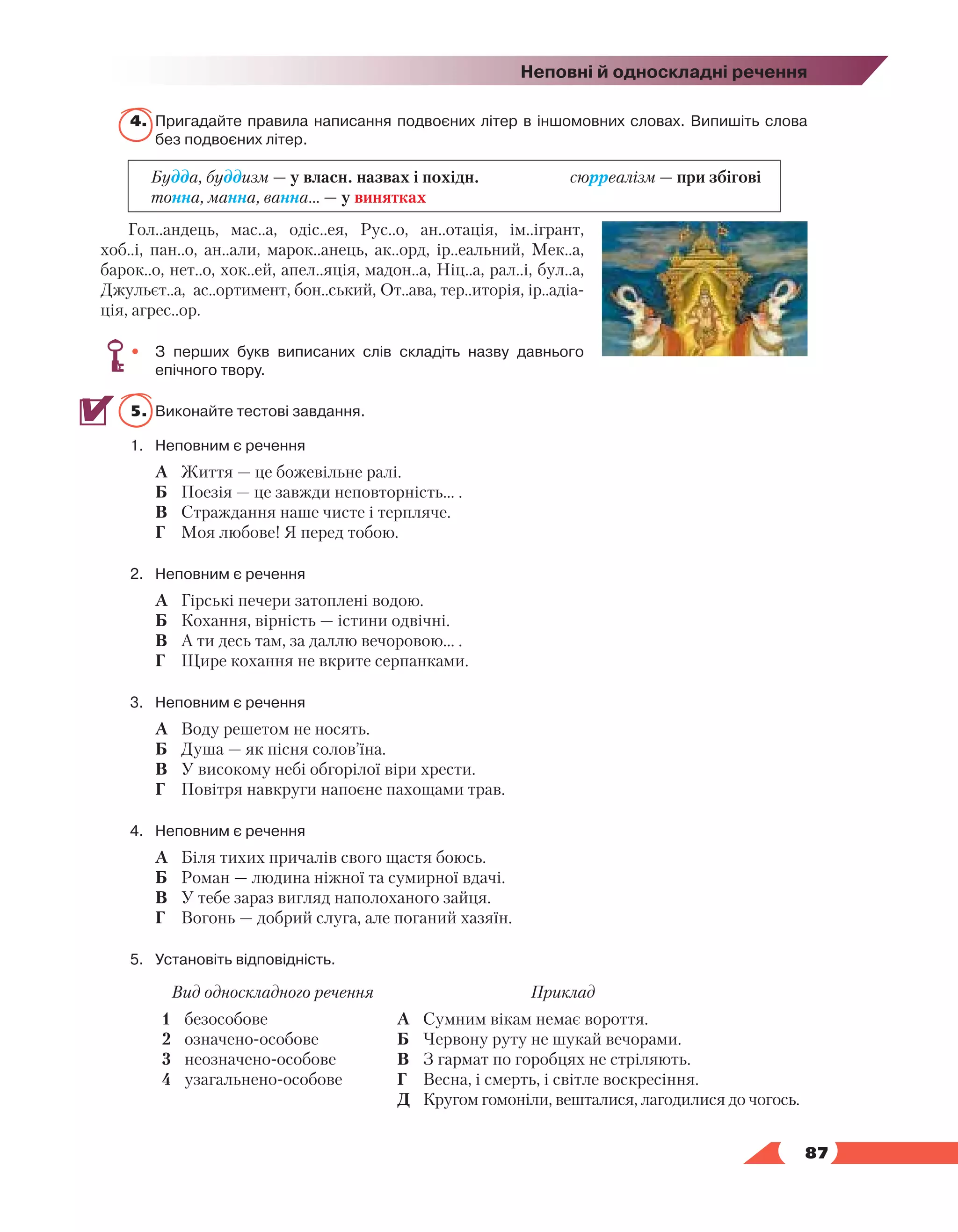   87
Неповні й односкладні речення
4.	 Пригадайте правила написання подвоєних літер в іншомовних словах. Випишіть слова
без подвоєних літер.
Будда, буддизм — у власн. назвах і похідн. сюрреалізм — при збігові
тонна, манна, ванна… — у винятках
Гол..андець, мас..а, одіс..ея, Рус..о, ан..отація, ім..ігрант,
хоб..і, пан..о, ан..али, марок..анець, ак..орд, ір..еальний, Мек..а,
барок..о, нет..о, хок..ей, апел..яція, мадон..а, Ніц..а, рал..і, бул..а,
Джульєт..а, ас..ортимент, бон..ський, От..ава, тер..иторія, ір..адіа­
ція, агрес..ор.
•	 З перших букв виписаних слів складіть назву давнього
епічного твору.
5.	 Виконайте тестові завдання.
1.	 Неповним є речення
	 А	 Життя — це божевільне ралі.
	 Б	 Поезія — це завжди неповторність… .
	 В	 Страждання наше чисте і терпляче.
	 Г	 Моя любове! Я перед тобою.
2.	 Неповним є речення
	 А	 Гірські печери затоплені водою.
	 Б	 Кохання, вірність — істини одвічні.
	 В	 А ти десь там, за даллю вечоровою… .
	 Г	 Щире кохання не вкрите серпанками.
3.	 Неповним є речення
	 А	 Воду решетом не носять.
	 Б	 Душа — як пісня солов’їна.
	 В	 У високому небі обгорілої віри хрести.
	 Г	 Повітря навкруги напоєне пахощами трав.
4.	 Неповним є речення
	 А	 Біля тихих причалів свого щастя боюсь.
	 Б	 Роман — людина ніжної та сумирної вдачі.
	 В	 У тебе зараз вигляд наполоханого зайця.
	 Г	 Вогонь — добрий слуга, але поганий хазяїн.
5.	Установіть відповідність.
Вид односкладного речення Приклад
1	 безособове
2	 означено-особове
3	 неозначено-особове
4	 узагальнено-особове
А	 Сумним вікам немає вороття.
Б	 Червону руту не шукай вечорами.
В	 З гармат по горобцях не стріляють.
Г	 Весна, і смерть, і світле воскресіння.
Д	 Кругом гомоніли, вешталися, лагодилися до чогось.
 