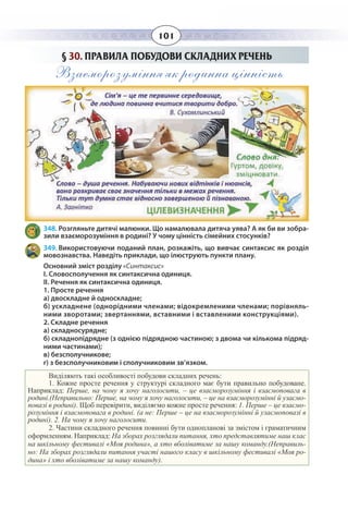 101
§  30. ПРАВИЛА ПОБУДОВИ СКЛАДНИХ РЕЧЕНЬ
Взаєморозуміння як родинна цінність
348. Розгляньте дитячі малюнки. Що намалювала дитяча уява? А як би ви зобра-
зили взаєморозуміння в родині? У чому цінність сімейних стосунків?
349. Використовуючи поданий план, розкажіть, що вивчає синтаксис як розділ
мовознавства. Наведіть приклади, що ілюструють пункти плану.
Основний зміст розділу «Синтаксис»
І. Словосполучення як синтаксична одиниця.
ІІ. Речення як синтаксична одиниця.
1. Просте речення
а) двоскладне й односкладне;
б) ускладнене (однорідними членами; відокремленими членами; порівняль-
ними зворотами; звертаннями, вставними і вставленими конструкціями).
2. Складне речення
а) складносурядне;
б) складнопідрядне (з однією підрядною частиною; з двома чи кількома підряд-
ними частинами);
в) безсполучникове;
г) з безсполучниковим і сполучниковим зв’язком.
Виділяють такі особливості побудови складних речень:
1.  Кожне просте речення у структурі складного має бути правильно побудоване.
Наприклад: Перше, на чому я хочу наголосити, – це взаєморозуміння і взаємоповага в
родині.(Неправильно: Перше, на чому я хочу наголосити, – це на взаєморозумінні й узаємо-
повазі в родині). Щоб перевірити, виділяємо кожне просте речення: 1. Перше – це взаємо-
розуміння і взаємоповага в родині. (а не: Перше – це на взаєморозумінні й узаємоповазі в
родині). 2. На чому я хочу наголосити.
2.  Частини складного речення повинні бути однопланові за змістом і граматичним
оформленням. Наприклад: На зборах розглядали питання, хто представлятиме наш клас
на шкільному фестивалі «Моя родина», а хто вболіватиме за нашу команду.(Неправиль-
но: На зборах розглядали питання участі нашого класу в шкільному фестивалі «Моя ро-
дина» і хто вболіватиме за нашу команду).
 