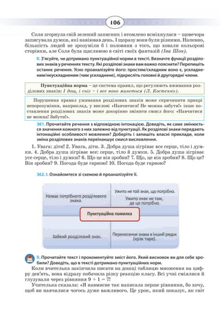 106
Соля згорнула свій зелений записник і втомлено всміхнулася – щовечора
записувала думки, які навіював день. І щоразу вони були різними. Напевно,
більшість людей не зрозуміли б і половини з того, що ховали кольорові
сторінки, але Соля була щасливою в світі своїх фантазій (Іва Шон).
ІІ. З’ясуйте, чи дотримано пунктуаційної норми в тексті. Визначте функції розділо-
вих знаків у реченнях тексту. Які розділові знаки вам важко пояснити? Перепишіть
останнє речення. Усно проаналізуйте його: простим/складним воно є, ускладне-
ним/неускладненим (чим ускладнене), підкресліть головні й другорядні члени.
Пунктуаційна норма – це система правил, що регулюють вживання роз-
ділових знаків: І дощ, і сніг – і все воно минеться (Л. Костенко).
Порушення правил уживання розділових знаків може спричинити прикрі
непорозуміння, наприклад, у вислові «Навчитися! Не можна забути!» інше по-
ставлення розділових знаків може докорінно змінити смисл його: «Навчитися
не можна! Забути!».
361. Прочитайте речення з відповідною інтонацією. Доведіть, як саме змінюєть-
ся значення кожного з них залежно від пунктуації. Як розділові знаки передають
інтонаційні особливості мовлення? Доберіть і запишіть власні приклади, коли
зміна розділових знаків переінакшує смисл висловлення.
1. Увага: діти! 2. Увага, діти. 3. Добра душа зігріває все серце, тіло і дум-
ки. 4. Добра душа зігріває все: серце, тіло й думки. 5. Добра душа зігріває
усе серце, тіло і думки? 6. Що це він зробив? 7. Що, це він зробив? 8. Що це?
Він зробив? 9. Погода буде гарною! 10. Погода буде гарною?
362. І. Ознайомтеся зі схемою й проаналізуйте її.
ІІ. Прочитайте текст і прокоментуйте зміст його. Який висновок ви для себе зро-
били? Доведіть, що в тексті дотримано пунктуаційних норм.
Коли вчителька закінчила писати на дошці таблицю множення на циф-
ру дев’ять, вона відразу побачила різку реакцію класу. Всі учні сміялися й
глузували через рівняння 9 + 1 = 7!
Учителька сказала: «Я навмисне так написала перше рівняння, бо хочу,
щоб ви навчилися чогось дуже важливого. Це урок, який показує, як світ
 