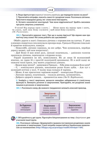 112
6. Якщо йдеться про моральні чесноти українців, що передусім маємо на увазі?	
7. Прочитайте епіграфи, поясніть смисл їх і розділові знаки. Розгляньте світлини.
Простежте впродовж уроку, які слова вони ілюструють.
8. Зіставте синонімічні конструкції. Чим вони відрізняються? Зробіть висновок
про роль звертань у мовленні.
О пісне! Від народу кров і плоть
ти узяла, щоб лиш йому служити
(М. Рильський).
Пісня взяла від народу кров і плоть,
щоб лише йому служити.
384. І. Прочитайте виразно текст. Про що в ньому йдеться? Що відомо вам про
магічну силу слова? Які слова роблять вас щасливими?
Обабіч дороги в житі з’явилася дівчина з коромислом на плечах. У двох
кленових відеречках похлюпувала прозора вода. Грицько Підкова схвально
й привітно всміхнувся, кивнув:
– Помагайбі, дівчино хорошая, на все добре. Чом зупинилася, перейди
дорогу вповні, хай нам пощастить!..
– Дай Боже й вам ясної долі, ласкаві козаченьки, – дзвінким голосом
проказала дівчина, переходячи з відрами шлях.
Гордій задивився на неї, замилувався. Як до лиця їй волошковий
віночок, як гарно їй у простій полотняній вишиванці. Ні в якій казці не
описати такої краси, яку мають українські дівчата.
– Звідки воду несеш? – здивувався Грицько. – Хіба нема колодязя біля хати?
– Є, – осміхнулася дівчина, показавши разок білих зубів. – Але тут є
цілющий потічок у полі. У ньому вода солодка й чарівна.
– Може, й нас пригостиш чарівною водою? – пожартував Підкова.
– Ласкаво прошу, козаченьки, – сказала дівчина, зупиняючись.
– Доброго здоров’я пивши, – прошепотіла вона (За О. Бердником).
ІІ. Знайдіть у тексті звертання, визначте емоційне забарвлення й стилістичну
функцію їх. Випишіть речення зі звертаннями. Пригадайте, які розділові знаки
пишемо в реченнях зі звертаннями.
385. І. Розгляньте схему. До кожного твердження запишіть власний приклад.
ІІ. Об’єднайтеся у дві групи. Підготуйте бліцопитування на тему «Звертання» для
учасників іншої групи.
386. Розгляньте таблицю. Сформулюйте правила поставлення розділових знаків
у реченнях зі звертаннями. У разі потреби скористайтеся Українським правопи-
сом за покликанням: (http://litopys.org.ua/pravopys/rozdil5.htm#par118A).
 