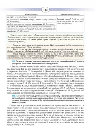 113
Кому ставимо: Знак оклику ставимо:
а) Мріє, не зрадь (Леся Українка).
Вороний коню! Грай ти піді
мною, та розбий ти тугу мою!
(Нар. творчість).
б) Добра вам, людоньки, добра, любові в серці і природі
(Г. Потопляк).
в) Будь щаслива та здорова, чорноброва (П. Воронько).
г) Квіти, мої діти! Нащо вас кохав я, нащо доглядав? Ос-
тавайтеся здорові, мої високії тополі і хрещатий мій
барвіночку (Т. Шевченко).
Угрупізвертанняможутьбутиодноріднічлени,відокремленіозначеннятощо.
Тоді всередині такого поширеного звертання ставимо розділові знаки відповідно
до загальних правил: О слово рідне, орле скутий, чужинцям кинуте на сміх
(Олександр Олесь).
Вигук від звертання відділяємо комами: Гей, шаленая пісне! І в кого вдалась
ти така непокірна? (Леся Українка).
Якщо слова ти, ви підсилюють вигук, то вони теж відділяються з вигуком:
Гей ви, хлопці, ви, добрі молодці, гей, гей, не журіться! (Нар. творчість).
Якщо перед звертанням стоять вигуки о, oй і вони виконують роль під-
силювальної частки, то кому після них не ставимо: О часе, пригальмуй на хвильку
біг і блискавично не лети повз мене (Н. Данилюк)!
387. Запишіть речення, поставте розділові знаки, аргументуйте свої дії. Знайдіть
риторичні звертання, визначте стилістичну роль їх.
1.  Гей поля поля зелені Зелом-квітом оздоблені! Гей долини і балки, І моги-
ли, й пагорки Гей ви вод потоки чисті Береги річок трависті Гей же кучері які
у дібров сих і гайків! (Г. Сковорода). 2. Давно мій щирий друже не озивався до
тебе (М. Старицький). 3. Високоповажана Добродійко Пишу до Вас під свіжим
враженням од Вашої повісті «Земля» (М. Коцюбинський). 4. Ти могутня рідна
мово Мово – пісня колискова мово – матері уста (Іван Багряний). 5. О люба Інно
ніжна Інно любові усміх квітне раз – ще й тлінню (П. Тичина). 6. Вечірнє сон-
це дякую за день! (Л. Костенко). 7. О лицеміри Не за лицем судіте, а за серцем
(Г. Сковорода). 8. Ей, я лиха не боюся, з ним ночую, з ним і днюю... Ти втікай,
бо я мосьпане на таких, як ти, полюю! (Леся Українка). 9. А тобі брате Климко-
вичу спасибі за щире та сердечне твоє слово (Ю. Федькович). 10. Здрастуй мій
найсолодший любителю муз Михайле! (Г. Сковорода).
388. І. Зверніть увагу, що дотримання правил етикету є ознакою ввічливості, по-
ваги до інших, сприяє налагодженню добрих стосунків між людьми. Прочитай-
те текст. Що нового дізналися? Як ця інформація допоможе вам комунікувати, у
яких ситуаціях?
Слово пан в українській мові вживається щонайменше сім століть і в
етикетному сенсі не має ніякої семантичної дотичності до слова пан у ро-
зумінні належності до привілейованих класів, позаяк воно засвідчує по-
шану до адресата. В офіційних документах форму пан уживають з ім’ям,
прізвищем, назвою посади, звання. Ім’я та по батькові зі словом пан не по-
єднується. Тобто говорити чи писати пан Михайло Петрович, пані Ольга
Степанівна або звертатися пане Миколо Івановичу, пані Катерино Васи-
лівно є порушенням норм літературної мови й не відповідає українським
традиціям (за С. Шевчук).
 