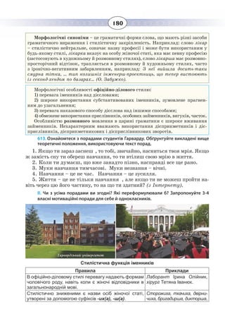 180
Морфологічні синоніми – це граматичні форми слова, що мають різні засоби
граматичного вираження і стилістичну закріпленість. Наприклад: слово лікар
– стилістично нейтральне, означає назву професії і може бути використаним у
будь-якому стилі, лікарка вказує на особу жіночої статі, яка має певну професію
(застосовують в художньому й розмовному стилях), слово лікарша має розмовно-
просторічний відтінок, трапляється в розмовному й художньому стилях, часто
з іронічно-негативним забарвленням, наприклад: З неї вийшла досить-таки
смурна тітка, ... тип колишніх інженерш-проектниць, що тепер вистоюють
із секонд-хендом по базарах… (О. Забужко).
Морфологічні особливості офіційно-ділового стилю:
1) перевага іменників над дієсловами;
2) широке використання субстантивованих іменників, зумовлене прагнен-
ням до узагальнення;
3) перевага наказового способу дієслова над іншими способами;
4) обмежене використання прислівників, особових займенників, вигуків, часток.
Особливістю розмовного мовлення в царині граматики є широке вживання
займенників. Нехарактерним вважають використання дієприкметників і діє-
прислівників, дієприкметникових і дієприслівникових зворотів.
613. Ознайомтеся з порадами студентів Гарварду. Обґрунтуйте викладені вище
теоретичні положення, використовуючи текст порад.
1. ßêùî òè çàðàç çàñíåø , òî òîá³, çâè÷àéíî, íàñíèòüñÿ òâîÿ ìð³ÿ. ßêùî
æ çàì³ñòü ñíó òè îáåðåø íàâ÷àííÿ, òî òè âò³ëèø ñâîþ ìð³þ â æèòòÿ.
2. Êîëè òè äóìàºø, ùî âæå çàíàäòî ï³çíî, íàñïðàâä³ âñå ùå ðàíî.
3. Ìóêè íàâ÷àííÿ òèì÷àñîâ³. Ìóêè íåçíàííÿ – â³÷í³.
4. Íàâ÷àííÿ – öå íå ÷àñ. Íàâ÷àííÿ – öå çóñèëëÿ.
5. Æèòòÿ – öå íå ò³ëüêè íàâ÷àííÿ , àëå ÿêùî òè íå ìîæåø ïðîéòè íà- 
віть через цю його частину, то на що ти здатний? (з Інтернету).
ІІ. Чи з усіма порадами ви згодні? Які переформулювали б? Запропонуйте 3-4
власні мотиваційні поради для себе й однокласників.
Стилістична функція іменників
Правила Приклади
В офіційно-діловому стилі перевагу надають формам
чоловічого роду, навіть коли є жіночі відповідники в
загальнонародній мові.
Лаборант Ірина Олійник,
хірург Тетяна Іванюк.
Стилістично зниженими є назви осіб жіночої статі,
утворені за допомогою суфіксів -их(а), -ш(а).
Сторожиха, ткачиха, двірни-
чиха, бригадирша, дикторша,
 
