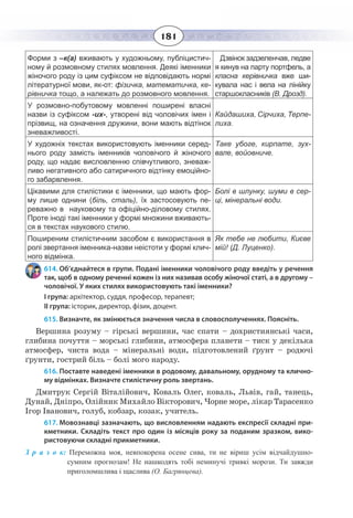 181
Форми з –к(а) вживають у художньому, публіцистич-
ному й розмовному стилях мовлення. Деякі іменники
жіночого роду із цим суфіксом не відповідають нормі
літературної мови, як-от: фізичка, математичка, ке-
рівничка тощо, а належать до розмовного мовлення.
Дзвінок задзеленчав, ледве
я кинув на парту портфель, а
класна керівничка вже ши-
кувала нас і вела на лінійку
старшокласників (В. Дрозд).
У розмовно-побутовому мовленні поширені власні
назви із суфіксом -их-, утворені від чоловічих імен і
прізвищ, на означення дружини, вони мають відтінок
зневажливості.
Кайдашиха, Сірчиха, Терпе-
лиха.
У художніх текстах використовують іменники серед-
нього роду замість іменників чоловічого й жіночого
роду, що надає висловленню співчутливого, зневаж-
ливо негативного або сатиричного відтінку емоційно-
го забарвлення.
Таке убоге, кирпате, зух-
вале, войовниче.
Цікавими для стилістики є іменники, що мають фор-
му лише однини (біль, сталь),  їх застосовують пе-
реважно в науковому та офіційно-діловому стилях.
Проте іноді такі іменники у формі множини вживають-
ся в текстах наукового стилю.
Болі в шлунку, шуми в сер-
ці, мінеральні води.
Поширеним стилістичним засобом є використання в
ролі звертання іменника-назви неістоти у формі клич-
ного відмінка.
Як тебе не любити, Києве
мій! (Д. Луценко).
614. Об’єднайтеся в групи. Подані іменники чоловічого роду введіть у речення
так, щоб в одному реченні кожен із них називав особу жіночої статі, а в другому –
чоловічої. У яких стилях використовують такі іменники?
І група: архітектор, суддя, професор, терапевт;
ІІ група: історик, директор, фізик, доцент.
615. Визначте, як змінюється значення числа в словосполученнях. Поясніть.
Вершина розуму – гірські вершини, час спати – дохристиянські часи,
глибина почуття – морські глибини, атмосфера планети – тиск у декілька
атмосфер, чиста вода – мінеральні води, підготовлений ґрунт – родючі
ґрунти, гострий біль – болі мого народу.
616. Поставте наведені іменники в родовому, давальному, орудному та клично-
му відмінках. Визначте стилістичну роль звертань.
Дмитрук Сергій Віталійович, Коваль Олег, коваль, Львів, гай, танець,
Дунай, Дніпро, Олійник Михайло Вікторович, Чорне море, лікар Тарасенко
Ігор Іванович, голуб, кобзар, козак, учитель.
617. Мовознавці зазначають, що висловленням надають експресії складні при-
кметники. Складіть текст про один із місяців року за поданим зразком, вико-
ристовуючи складні прикметники.
З р а з о к: Переможна моя, невпокорена осене сива, ти не віриш усім відчайдушно-
сумним прогнозам! Не нашкодять тобі неминучі тривкі морози. Ти завжди
приголомшлива і щаслива (О. Багрянцева).
 