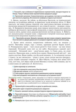 32
ІІ. Розкажіть про особливості відмінювання прикметників, використовуючи та-
блицю. Чому в таблиці немає прикметників середнього роду?
89. Прочитайте речення. Словосполучення, що в дужках, поставте в потрібному
для контексту відмінку. Які елементи комфорту згадано в реченнях?
1.  Звісно, жалкую. За тобою, за (білолиця Настуся), за (дзвінкоголосі
дівчата), за (улюблена робота), за (вранішні шум) великого міста. 2. Мені
здається, що немає (краща терапія), ніж прогулянка (вечірня вулиця), а
від (осіння депресія) й невпевненості, від утоми й смутку – розмова з людь-
ми… 3. Заварюючи (ранкова кава), вона щоразу вишукувала нові рецепти,
вибирала філіжанки з (рельєфний візерунок), а поруч у (крихітна вазочка)
ставила квіти, аромат яких додавав (витончені нотки) до смаку. 4. Мабуть,
усі шанувальниці солодкої кави з вершками й (тертий шоколад) мріють
посмакувати (справжня віденська кава).
90. І.  Прочитайте речення. Випишіть іменники, від яких можна утворити прикметники.
Усно поставте їх у формі давального й знахідного відмінків однини жіночого роду.
1.  Буває мить якогось потрясіння: побачиш світ, як вперше у
житті. Звичайна хмара, сіра і осіння, пропише раптом барви золоті.
2.  Розвиднилось траві – такі упали роси! 3. Сухі гілки – це вже вінок
терновий. Останній клен світ за очі забіг. Залишиться єдиний лист
кленовий – бетонний лист – розв’язкою доріг. 4. Синіє день, як пізні
капусти. Приходив дощ, а потім було зимно. Біднесенький мій ліс! – він
крила опустив. Нема грибів, хоч би який мізинок. 5. І в епіцентрі логіки
і стресу, де все змішалось – рідне і чуже, цінує розум вигуки прогресу,
душа скарби прадавні стереже. 6. Моя бабусю, старша моя мамо! Хоч
слід, хоч тінь, хоч образ свій залиш! Якими я скажу тобі словами, що ти
в мені повік не одболиш (Л. Костенко).
ІІ. Дайте відповіді на запитання:
1. До чого привертає нашу увагу Ліна Костенко?
2. Що для вас означає «мить потрясіння»?
3. У яких рядках звучить захоплення дивовижною красою природи?
4. До яких роздумів і висновків вас спонукають усі ці уривки поезії?
Екологія слова: стародавні, давні, прадавні (а не древні) народи; вередлива (а
не капризна) дитина; надзвичайні заходи (а не крайні міри); трива-
лий (а не довгий) час; спільні (а не загальні) зусилля; зайвий (а не
лишній) раз; улюблений (а не любимий) співак.
91. Проаналізуйте свою роботу на уроці за довільною схемою.
Виконайте один із варіантів домашнього завдання:
92. Опишіть зимовий пейзаж, використовуючи відносні прикметники.
93. Підготуйте проект «Культура, яку обираємо ми». Обґрунтуйте свій вибір. У разі
потреби використайте таблицю, уміщену в додатку (Додаток А), доповнивши чи
скоротивши її.
94. Напишіть есе «Буває мить якогось потрясіння…».
 