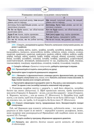 79
Уживання похідних складених сполучників
1 2
Чим вищий сукупний дохід, тим вищий
рівень життя народу.
Що вищий сукупний доход, то вищий
рівень життя народу.
Доповідь була настільки цікава, що всі
захоплено слухали.
Доповідь була така цікава, що всі за-
хоплено слухали.
Як би не було важко, ми обов’язково
досягнемо мети.
Хоч як буде важко, ми обов’язково до-
сягнемо мети.
Куди б не пішов, скрізь однаково. Хай (хоч) куди піду, скрізь однаково.
Де б не був, працювати треба. Хоч де будеш, працювати треба.
Він не то писав, не то робив вигляд,
що пише.
Чи то він писав, чи удавав, що пише.
259. І. Спишіть, розкриваючи дужки. Поясніть написання сполучників разом, ок-
ремо і з дефісом.
Ад(же), ані(ж), (в)тім, (за)те, мов(би), наче(б), начеб(то), (не)мов, немов(би),
(немов)бито, (не)наче, неначеб(то), (ні)би, ніби(то), ні(ж), от(же), ото(ж),
при(тім), при(тому), при(чім), при(чому), про(те), себ(то), тоб(то), цеб(то), що(б),
як(би), як(що), за(те), про(те), що(б), як(би), як(що), або(ж), адже(ж), але(ж),
бо(ж), коли(б), коли(б)то, отже(ж), хоча(б), хоч(би), дарма(що), для(того)щоб,
замість(того)щоб, з(тим)щоб, (не)зважаючи те що, (при)цьому, (та)й, (так)що,
тимчасом(як), тому(що), через(те)що, отож(то), тим(то), тільки(но), тому(то).
II. Складіть таблицю «Правопис сполучників», доберіть приклади із вправи.
260. Проаналізуйте й оцініть свою роботу на уроці.
Виконайте один із варіантів домашнього завдання:
261. I. Випишіть із фразеологічного словника десять фразеологізмів, до складу
яких уходять сполучники мов, немов, наче. Поясніть значення сталих висловів. Із
будь-якими трьома усно складіть речення.
II. Прочитайте афоризми й розкрийте зміст їх. Яку роль у них виконують сполуч-
ники? За одним з них (на вибір) напишіть невеликий твір-роздум.
1.  Головним скарбом життя є здоров’я, і, щоб його зберегти, потрібно
багато що знати (Авіценна). 2. Щоб правильно писати, треба навчатися
мислити (Горацій). 3. Здоров’я – не все, але все без здоров’я – ніщо (Сократ).
4.  Караюсь, мучуся..., але не каюсь (Т. Шевченко). 5. Потрібно їсти, щоб
жити, а не жити, щоб їсти (Сократ). 6. Бути чи не бути (Шекспір). 7. Якби
ви вчились так, як треба, то й мудрість би була своя (Т. Шевченко).
262. Станьте співавтором тексту, продовживши його. Використовуйте похідні
сполучники.
Гей, ви! Даровано вам планету унікальну, дублікатів нема – так розпо-
рядіться ж нею гідно! А не вмієте – передайте планету дельфінам, може,
вони мудріше нею розпорядяться! Принаймні собі подібних вони не вини-
щують! (О. Гончар).
263. Складіть особисту програму збереження здорового довкілля.
264. Напишіть есе «Дев’ять десятих нашого щастя залежить від здоров’я»
(А. Шопенгауер).
 