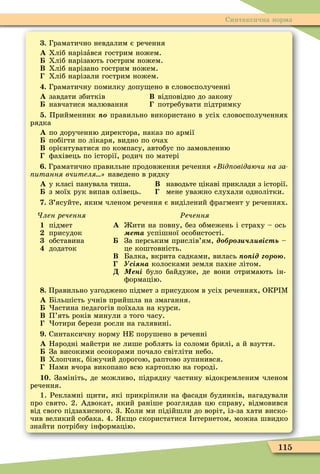 115
Синтаксична норма
. Граматично невдалим є речення
À Хліб нарізàвся гострим ножем.
Хліб нарізають гострим ножем.
Â Хліб нарізано гострим ножем.
Хліб нарізали гострим ножем.
. Граматичну помилку допу ено в словосполученні
À завдати збитків Â відповідно до закону
навчатися малювання потребувати підтримку
. Прийменник ïî правильно використано в усіх словосполученнях
рядка
À по дорученню директора, наказ по армії
побігти по лікаря, видно по очах
Â орієнтуватися по компасу, автобус по замовленню
ôахівець по історії, родич по матері
. Граматично правильне продовження речення ід овідаючи на за
итання вчителя наведено в рядку
À у класі панувала тиша. Â наводьте цікаві приклади з історії.
з моїх рук випав олівець. мене уважно слухали однолітки.
. З ясуйте, яким членом речення є виділений ôрагмент у реченнях.
лен речення
1 підмет
присудок
обставина
додаток
Ðечення
À ити на повну, без обмежень і страху – ось
ета успішної особистості.
За перським прислів’ям, д р вість –
це коштовність.
Â Балка, вкрита садками, вилась ід р .
сі на колосками земля пахне літом.
Ä ені було байдуже, де вони отримають ін-
ôормацію.
. Правильно узгоджено підмет з присудком в усіх реченнях, ОКР Ì
À Більшість учнів прийшла на змагання.
астина педагогів поїхала на курси.
Â П’ять років минули з того часу.
отири берези росли на галявині.
. Синтаксичну норму НЕ порушено в реченні
À Народні майстри не лише роблять із соломи брилі, а й взуття.
За високими осокорами почало світліти небо.
Â Хлопчик, біжучий дорогою, раптово зупинився.
Нами вчора викопано всю картоплю на городі.
1 . Замініть, де можливо, підрядну частину відокремленим членом
речення.
1. Рекламні ити, які прикріпили на ôасади будинків, нагадували
про свято. 2. Адвокат, який раніше розглядав цю справу, відмовився
від свого підзахисного. 3. Коли ми підійшли до воріт, із-за хати виско-
чив великий собака. 4. к о скористатися нтернетом, можна швидко
знайти потрібну інôормацію.
 