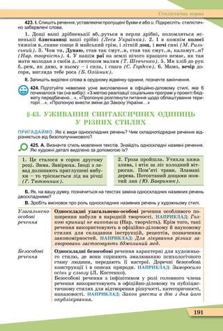 191
Стилістична норма
423. І. пи іть ре ення уставля и пропущені укви е а о и. Підкресліть стилісти
но за арвлені слова.
1. До і ваші дрібненькії вб..руться в перли дрібні, поломляться яс-
ненькії блискави і ваші срібні Леся Українка . 2. в кожнім колосі
тяжкім в..сняне сонце й майський грім, і літній до , і ночі сині М Ðиль
ськи . 3. ом ти, уна , став так смут..н, став так смут..н, каламут..н
Нар творчість . 4. У нашім раї на землі нічого кра ого немає, як тая
мати молодая з своїм д..тяточком малим Шевченко . 5. Ìи хліб до рук
б..рем, як диво, в ньому – і сила, і снага ордєєв . 6. Ìамо, вечір до-
горя, вигляда тебе роса Олі ник .
ІІ. Запи іть виділені слова в орудному відмінку однини позна те закін ення.
424. Підготу те невелике усне висловлення в о іці но діловому стилі яке
по иналося так на ви ір : З мето реалізації соціальних програм у проекті д
ету перед а ено Пропону розглянути питання щодо о ла тування тери
торії Пропону внести зміни до Закону України
. У ВАНН С Н АКС Н О Н Ь
У Р Н С
ПРИГАДАЙМО. Які види односкладних ре ень Чим складнопідрядне ре ення від
різня ться від езсполу никового
425. А. Визна те стиль мовлення текстів. Зна діть односкладні називні ре ення.
Які худо ні деталі виділено за допомого їх
1. Öе сталося в сорок другому
році. Зима. Завірюха. ноді з ле-
вад долинають приглушені вибу-
хи – то тріскається лід на річці
ютюнник .
2. Гроза пройшла. Утихла хижа
злива, і втік за ліс холодний віт-
рюган. Пом’яті трави. Зламані
дерева. Потоптаний до ами жов-
тий лан авринюк .
Б. Як на ва у думку позна иться на текстах заміна односкладних називних ре ень
двоскладними
В. Зро іть висновок про роль односкладних називних ре ень у худо ньому стилі.
Узагальнено
особові
ðå÷åííÿ
Односкладні узагальнено особові речення особливого по-
ширення набули в народній творчості. НАПРИКЛАД: Ãîë-
кою криниці не вико ає (Нар. творчість). Крім того, такі
речення використовують в оôіційно-діловому й науковому
стилях для складання інструкцій, рецептів, позначення
закономірностей. НАПРИКЛАД: Для лікування різних за
хворювань застосовують бд олини мед.
езособові
ðå÷åííÿ
Односкладні безособові речення характерні для художньо-
го стилю, де вони сприяють змалюванню психологічного
стану людини, передають її настрої. Доречні безособові
конструкції і в описах природи. НАПРИКЛАД: Çàìîðîñèëî
осінь у сльозу (Л. Костенко).
Безособові речення з інôінітивом у ролі головного члена
речення використовують в оôіційно-діловому та публіцис-
тичному стилях для відтворення рішучості, категоричності,
наказовості. НАПРИКЛАД: Закон увести в дію з дня ого
о ублікування.
 