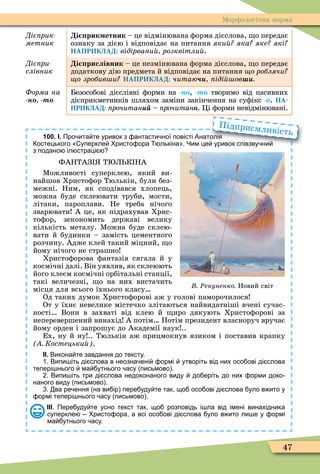 47
Ìорôологічна норма
Діє рик
метник
і рик етник – це відмінювана ôорма дієслова, о передає
ознаку за дією і відповідає на питання яки яка яке які
НАПРИКЛАД: відірвани розквітли .
Діє ри
слівник
і рислівник – це незмінювана ôорма дієслова, о передає
додаткову дію предмета й відповідає на питання о роблячи
о зробив и НАПРИКЛАД: ÷èòàþ іді ов
Ôîðìà íà
-íî -òî
Безособові дієслівні ôорми на -íî, -òî творимо від пасивних
дієприкметників шляхом заміни закінчення на суôікс -î. НА-
ПРИКЛАД: ïðî÷èòàíèé – ïðî÷èòàíî. Öі ôорми невідмінювані.
100. І. Про ита те уривок з антасти ної повісті Анатолія
остецького уперкле ристо ора лькіна . Чим це уривок співзву ни
з подано іл страці
ФАНТАЗ Т Л К НА
Ìожливості суперклею, який ви-
найшов Христоôор Тюлькін, були без-
межні. Ним, як сподівався хлопець,
можна буде склеювати труби, мости,
літаки, пароплави. Не треба нічого
зварювати А це, як підрахував Хрис-
тоôор, зекономить державі велику
кількість металу. Ìожна буде склею-
вати й будинки – замість цементного
розчину. Адже клей такий міцний, о
йому нічого не страшно
Христоôорова ôантазія сягала й у
космічні далі. Він уявляв, як склеюють
його клеєм космічні орбітальні станції,
такі величезні, о на них вистачить
місця для всього їхнього класу
Од таких думок Христоôорові аж у голові паморочилося
От у їхнє невелике містечко злітаються найвидатніші вчені сучас-
ності Вони в захваті від клею й иро дякують Христоôорові за
неперевершений винахід А потім Потім президент власноруч вручає
йому орден і запрошує до Академії наук ..
Ех, ну й ну .. Тюлькін аж прицмокнув язиком і поставив крапку
Костецьки .
ІІ. Викона те завдання до тексту.
. Випи іть ді слова в неозна ені ормі утворіть від них осо ові ді слова
тепері нього ма утнього асу письмово .
. Випи іть три ді слова недоконаного виду до еріть до них орми доко
наного виду письмово .
. ва ре ення на ви ір пере уду те так що осо ові ді слова уло в ито у
ормі тепері нього асу письмово .
ІІІ. Пере уду те усно текст так що розповідь і ла від імені винахідника
суперкле ристо ора а всі осо ові ді слова уло в ито ли е у ормі
ма утнього асу.
Ðекуненко Новий світ
Про ита те уривок з антасти ної повісті Анатолія
остецького уперкле ристо ора лькіна . Чим це уривок співзву ни
Підприємливість
 