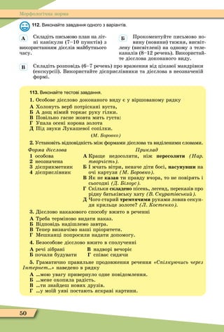 50
Ìорôологічна норма
112. Викона те завдання одного з варіантів.
Складіть письмово план на літ-
ні канікули (7–10 пунктів) з
використанням дієслів майбутнього
часу.
Прокоментуйте письмово но-
вину (новини) тижня, висвіт-
лену (висвітлені) на одному з теле-
каналів (8–12 речень). Використай-
те дієслова доконаного виду.
Складіть розповідь (6–7 речень) про враження від цікавої мандрівки
(екскурсії). Використайте дієприслівники та дієслова в неозначеній
ôормі.
113. Викона те тестові завдання.
1. Особове дієслово доконаного виду є у віршованому рядку
À Холонуть верб потріскані вуста,
А до німий торкає руку гілки.
Â Повільно гасне жовта мить густа:
Упала осені корона золота
Ä Під звуки Лукашевої сопілки.
(М оровко
. Установіть відповідність між ôормами дієслова та виділеними словами.
Форма дієслова
1 особова
неозначена
дієприкметник
дієприслівник
риклад
À Кра е недосолити, ніж ересолити Нар
творчість
мчать вітри, неначе діти босі, насунувши на
очі картузи М оровко
Â к не казав ти правду вчора, то не повірять і
сьогодні Д ілоус
Скільки складено пісень, легенд, переказів про
рідну батьківську хату куратівськи
Ä ого старий тре тячи и руками ловив секун-
ди крильце золоте Л Костенко
. Дієслово наказового способу вжито в реченні
À Треба терміново видати наказ.
Відповідь надішлемо завтра.
Â Тепер визначімо наші пріоритети.
Ìешканці попросили надати допомогу.
. Безособове дієслово вжито в сполученні
À речі зібрані Â надворі вечоріє
почали будувати співає сидячи
. Граматично правильне продовження речення ілкуючись через
нтернет наведено в рядку
À мою увагу привернуло одне повідомлення.
мене охопила радість.
Â ти знайдеш нових друзів.
у моїй уяві постають яскраві картини.
À
Â
 