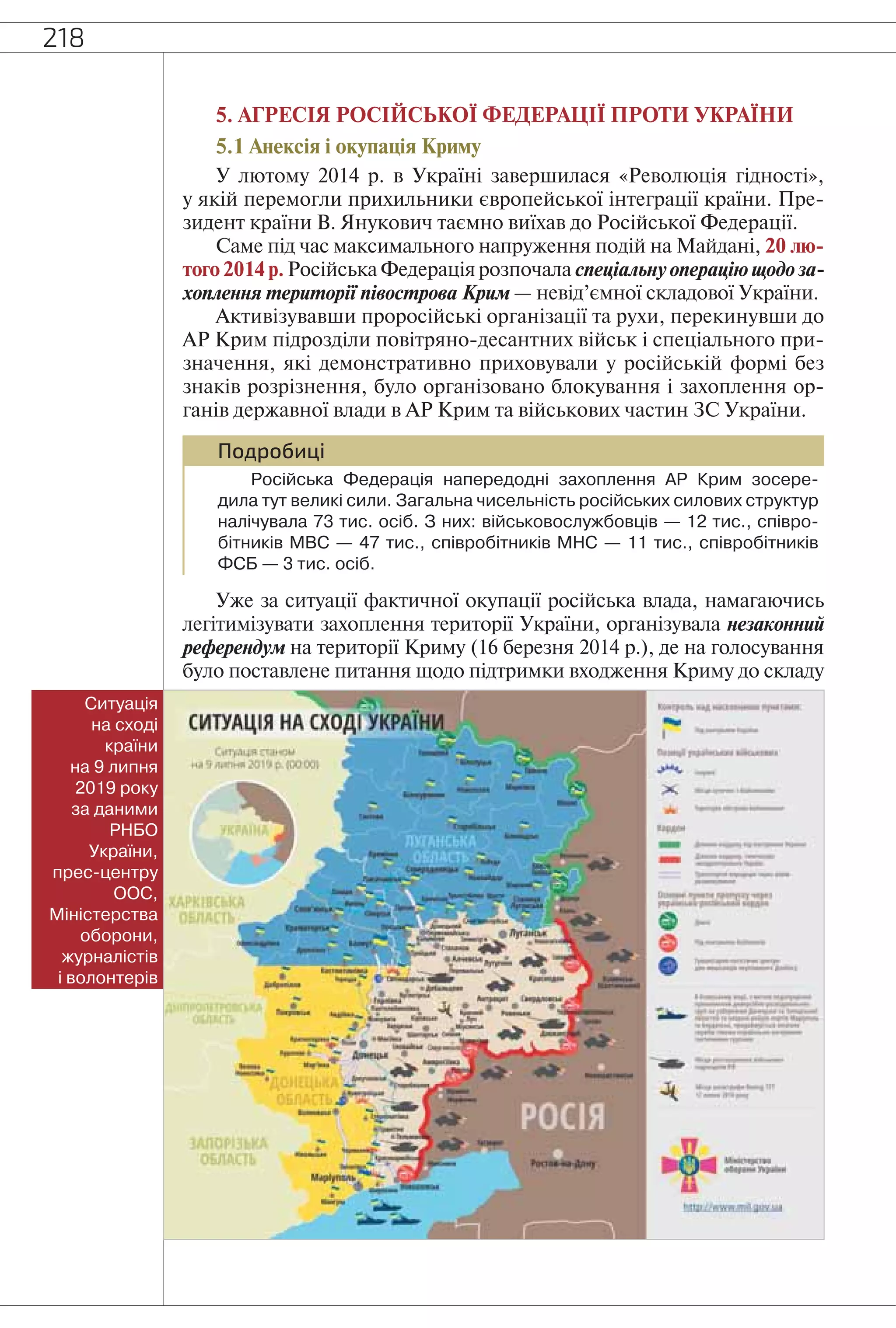 218
5. АГРЕСІЯ РОСІЙСЬКОЇ ФЕДЕРАЦІЇ ПРОТИ УКРАЇНИ
5.1 Анексія і окупація Криму
У лютому 2014 р. в Україні завершилася «Революція гідності»,
у якій перемогли прихильники європейської інтеграції країни. Пре-
зидент країни В. Янукович таємно виїхав до Російської Федерації.
Саме під час максимального напруження подій на Майдані, 20 лю-
того 2014 р.Російська Федерація розпочала спеціальну операцію щодо за-
хоплення території півострова Крим — невід’ємної складової України.
Активізувавши проросійські організації та рухи, перекинувши до
АР Крим підрозділи повітряно-десантних військ і спеціального при-
значення, які демонстративно приховували у російській формі без
знаків розрізнення, було організовано блокування і захоплення ор-
ганів державної влади в АР Крим та військових частин ЗС України.
Подробиці
Російська Федерація напередодні захоплення АР Крим зосере-
дила тут великі сили. Загальна чисельність російських силових структур
налічувала 73 тис. осіб. З них: військовослужбовців — 12 тис., співро-
бітників МВС — 47 тис., співробітників МНС — 11 тис., співробітників
ФСБ — 3 тис. осіб.
Уже за ситуації фактичної окупації російська влада, намагаючись
легітимізувати захоплення території України, організувала незаконний
референдум на території Криму (16 березня 2014 р.), де на голосування
було поставлене питання щодо підтримки входження Криму до складу
Ситуація
на сході
країни
на 9 липня
2019 року
за даними
РНБО
України,
прес-центру
ООС,
Міністерства
оборони,
журналістів
і волонтерів
 