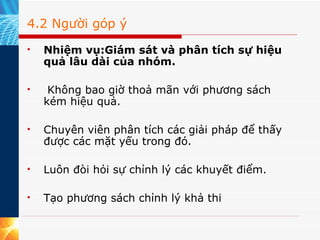 4.2 Người góp ý Nhiệm vụ:Giám sát và phân tích sự hiệu quả lâu dài của nhóm.   Không bao giờ thoả mãn với phương sách kém hiệu quả. Chuyên viên phân tích các giải pháp để thấy được các mặt yếu trong đó. Luôn đòi hỏi sự chỉnh lý các khuyết điểm. Tạo phương sách chỉnh lý khả thi  