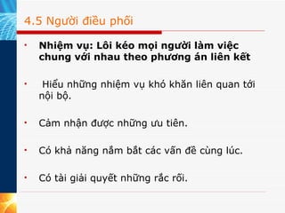 4.5 Người điều phối Nhiệm vụ: Lôi kéo mọi người làm việc chung với nhau theo phương án liên kết    Hiểu những nhiệm vụ khó khăn liên quan tới nội bộ. Cảm nhận được những ưu tiên. Có khả năng nắm bắt các vấn đề cùng lúc. Có tài giải quyết những rắc rối. 