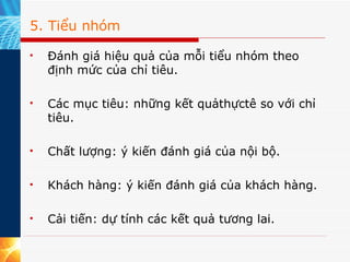 5. Tiểu nhóm Đánh giá hiệu quả của mỗi tiểu nhóm theo định mức của chỉ tiêu.   Các mục tiêu: những kết quảthựctê so với chỉ tiêu. Chất lượng: ý kiến đánh giá của nội bộ. Khách hàng: ý kiến đánh giá của khách hàng. Cải tiến: dự tính các kết quả tương lai. 