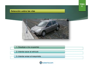 Detención sobre las vías
1- Desalojar a los ocupantes
2- Intentar sacar al vehículo
3- Intentar avisar al maquinista
TEMA
11
 