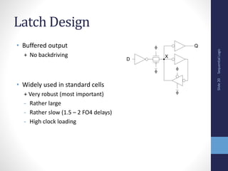 Sequential
Logic
Slide
20
Latch Design
• Buffered output
+ No backdriving
• Widely used in standard cells
+ Very robust (most important)
- Rather large
- Rather slow (1.5 – 2 FO4 delays)
- High clock loading


Q
D
X


 