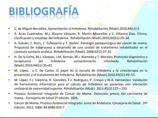 C. de Miguel Benadiba. Aproximación al linfedema. Rehabilitación (Madr).2010;44(s1):1. A. Arias Cuadradoa, M.J. Álvarez Vázquez, R. Martín Mourellec y C. Villarino Díaz. Clínica, clasificación y estadiaje del linfedema.  Rehabilitación (Madr).2010;44(S1):29–34. A. Galván, Y. Pons, C. Echevarria y T. Ibañez. Patología postquirúrgica del cáncer de mama. Propuesta de subproceso y desarrollo de una unidad de tratamiento rehabilitador en el contexto sanitario andaluz.  Rehabilitación (Madr). 2008;42(1):27-33. H. De la Corte, M.J. Vázquez, J.M. Román, M.J. Alameda y T. Morales. Protocolo diagnóstico y terapéutico del linfedema: consentimiento informado. Rehabilitación (Madr).2010;44(S1):35–43. M. López,  y E. De Carlos. El papel de la escuela de linfedema y la cinesiterapia en la prevención y el tratamiento del linfedema. Rehabilitación (Madr).2010;44(S1):49–53. M. López, F.J. Valencia, R. González, F.J. Rodríguez, P. Crespo y M.A. Hernández. Validación de herramienta informática para el cálculo de linfedema en pacientes con afectación unilateral de extremidad superior. Rehabilitación (Madr). 2011;45(2):127—133. Proceso Asistencial Integrado de Cáncer de Mama. Detección precoz del carcinoma de mama.  Consejería de Salud 2º edición. 2005. Cáncer de Mama: Proceso Asistencial Integrado. Junta de Andalucía. Consejería de Salud.  3ºª Edición. 2011. ISBN: 84-8486-033-7 